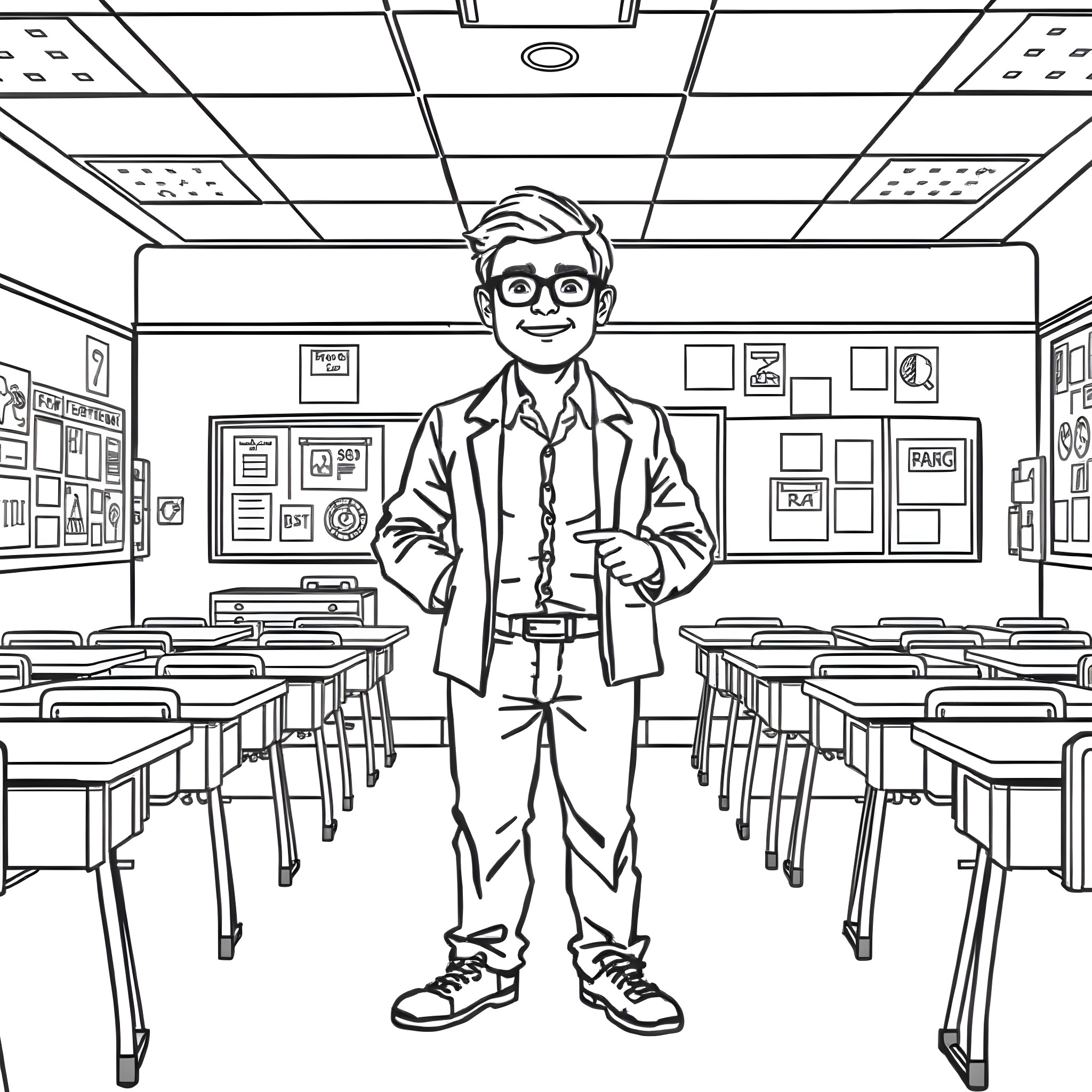 Teacher standing in a classroom with desks and supplies Coloring Page (free black-and-white line drawing printable PDF for all, from beginners to advanced learners, including children, teens, adults, and seniors)