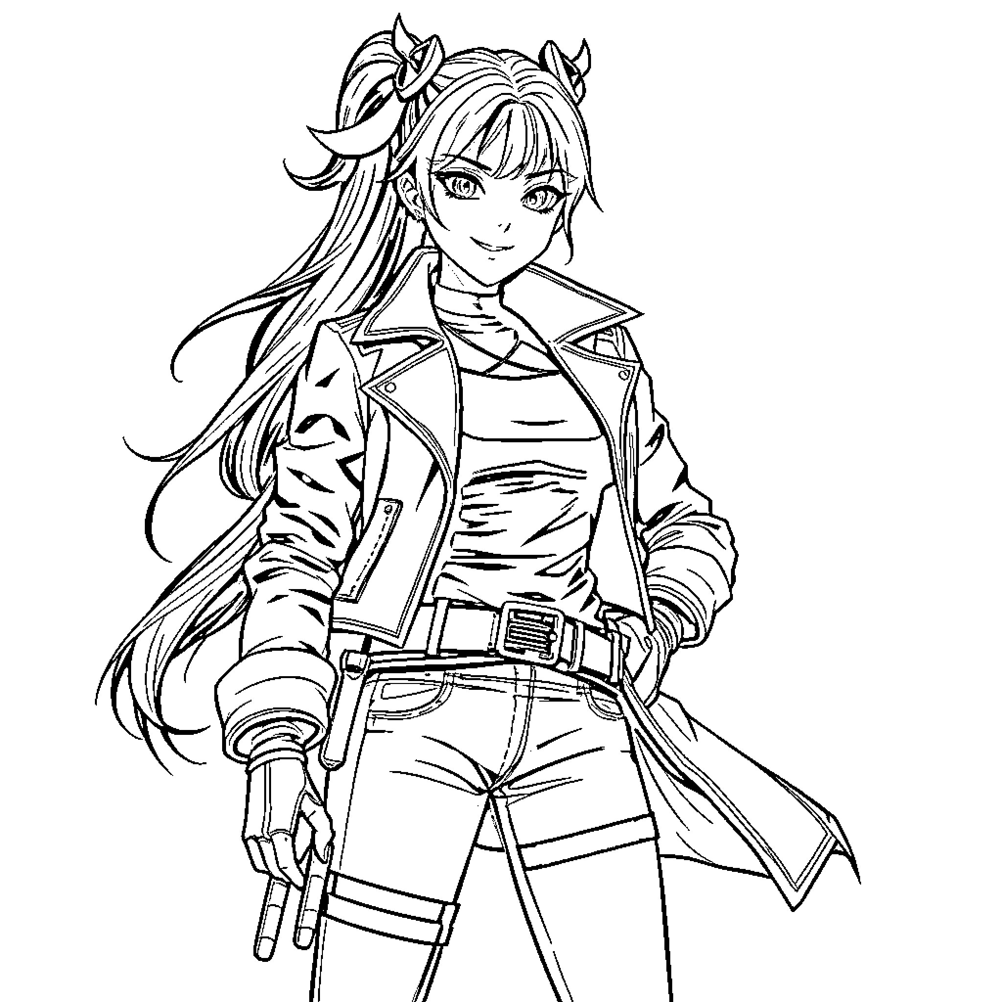 Rumi, the Adventurous Anime Character Coloring Page (free black-and-white line drawing printable PDF for all, from beginners to advanced learners, including children, teens, adults, and seniors)