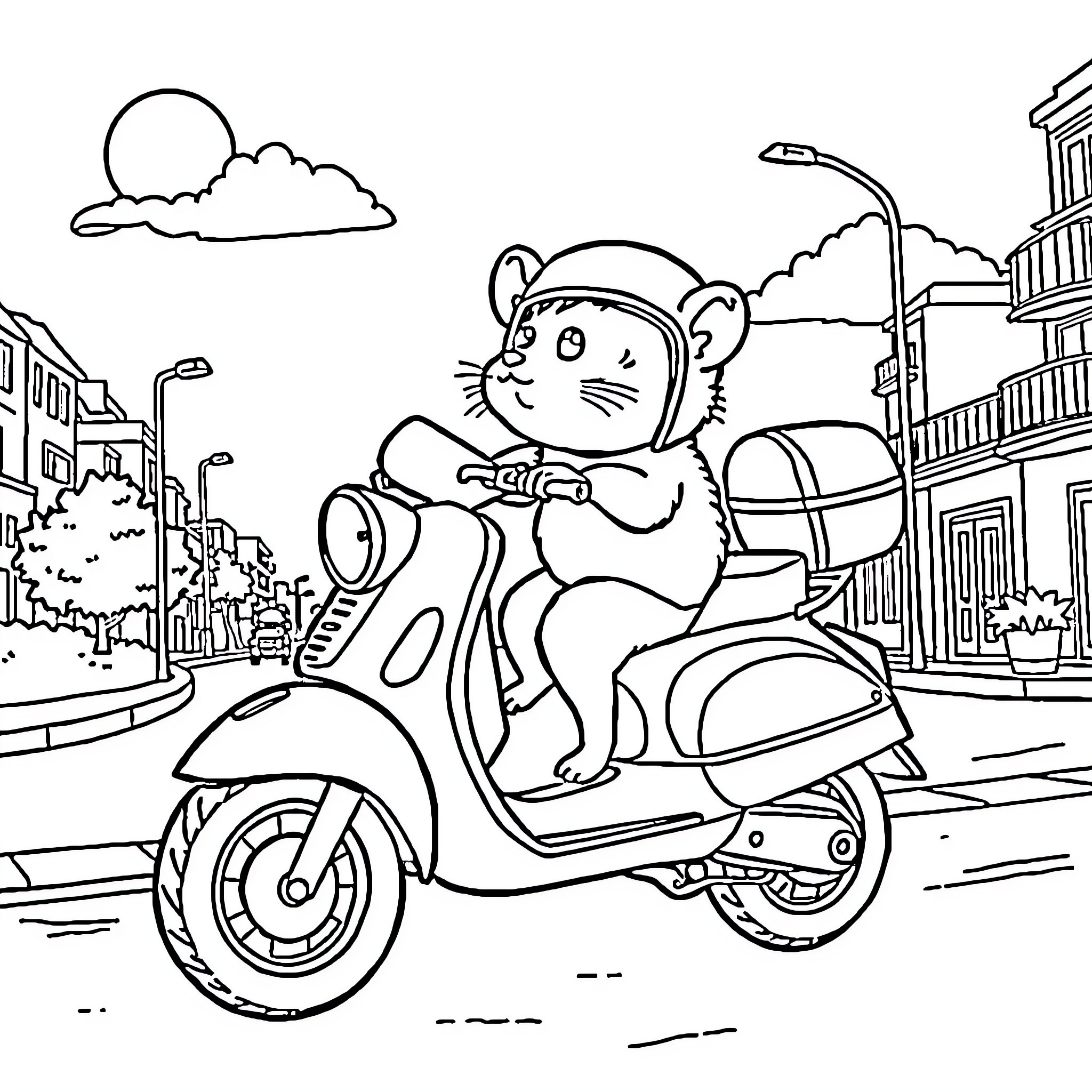 Hamster riding a scooter in the city Coloring Page (free black-and-white line drawing printable PDF for all, from beginners to advanced learners, including children, teens, adults, and seniors)