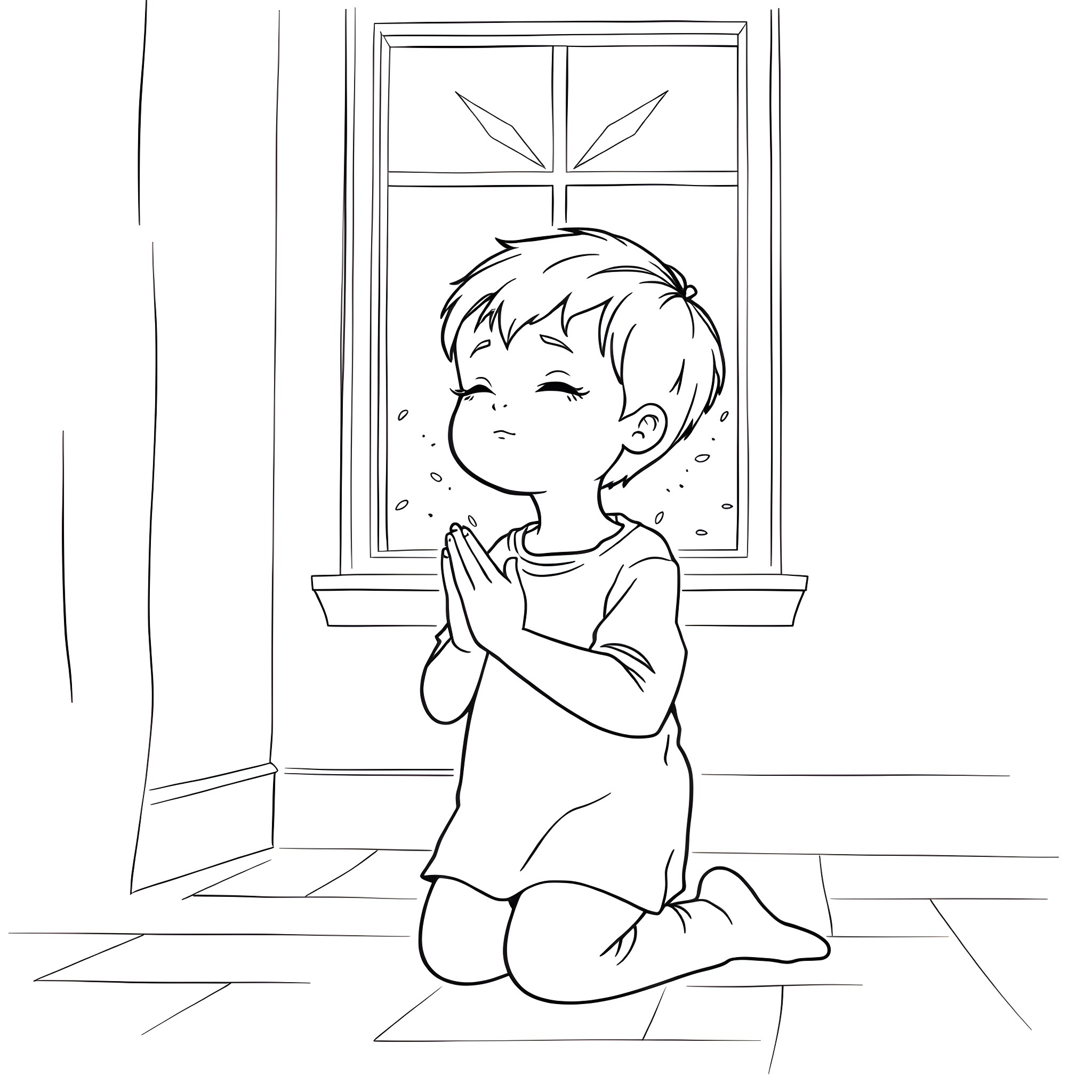 Child praying by the window Coloring Page (free black-and-white line drawing printable PDF for all, from beginners to advanced learners, including children, teens, adults, and seniors)