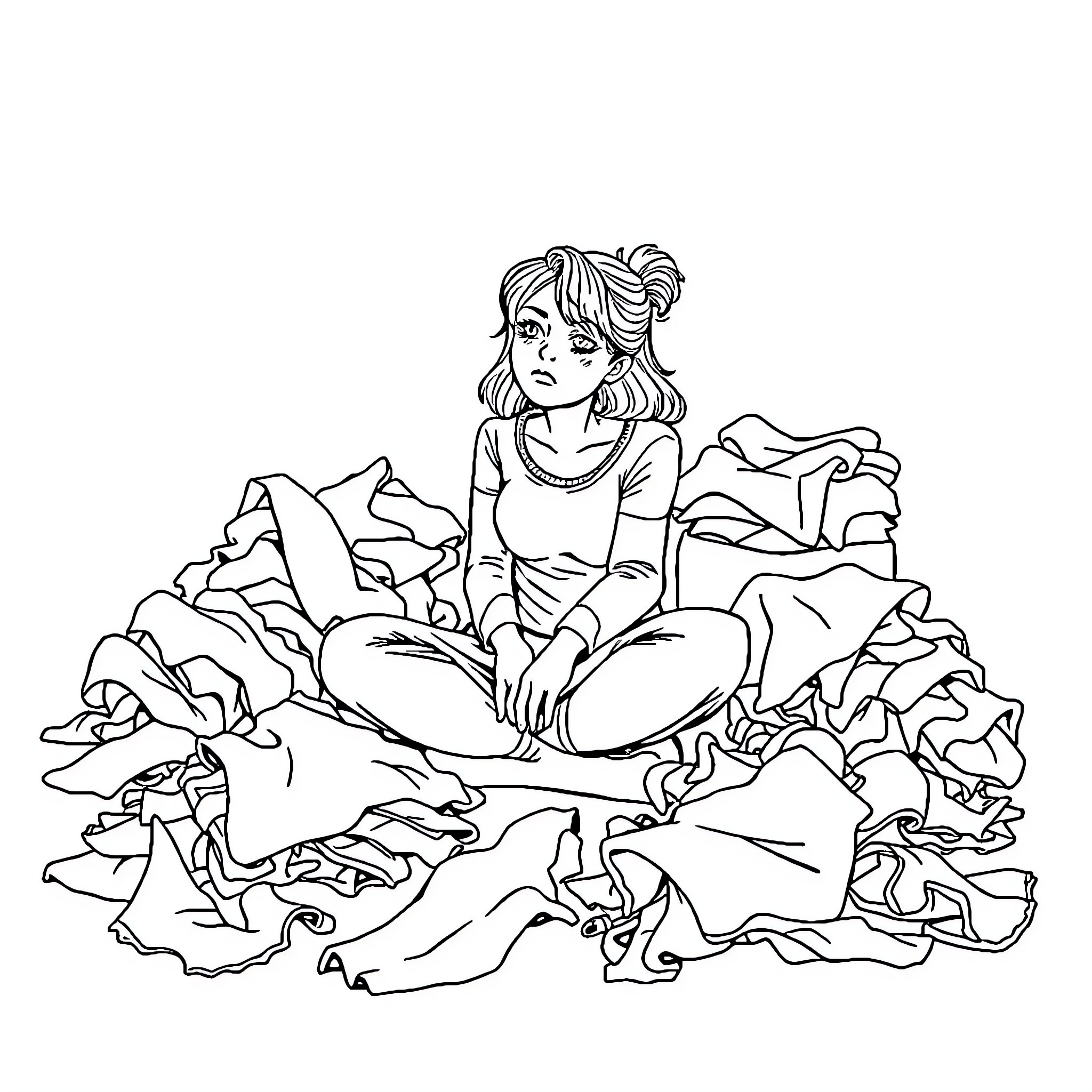 Mother lost in thought amidst a mess of clothing Coloring Page (free black-and-white line drawing printable PDF for all, from beginners to advanced learners, including children, teens, adults, and seniors)
