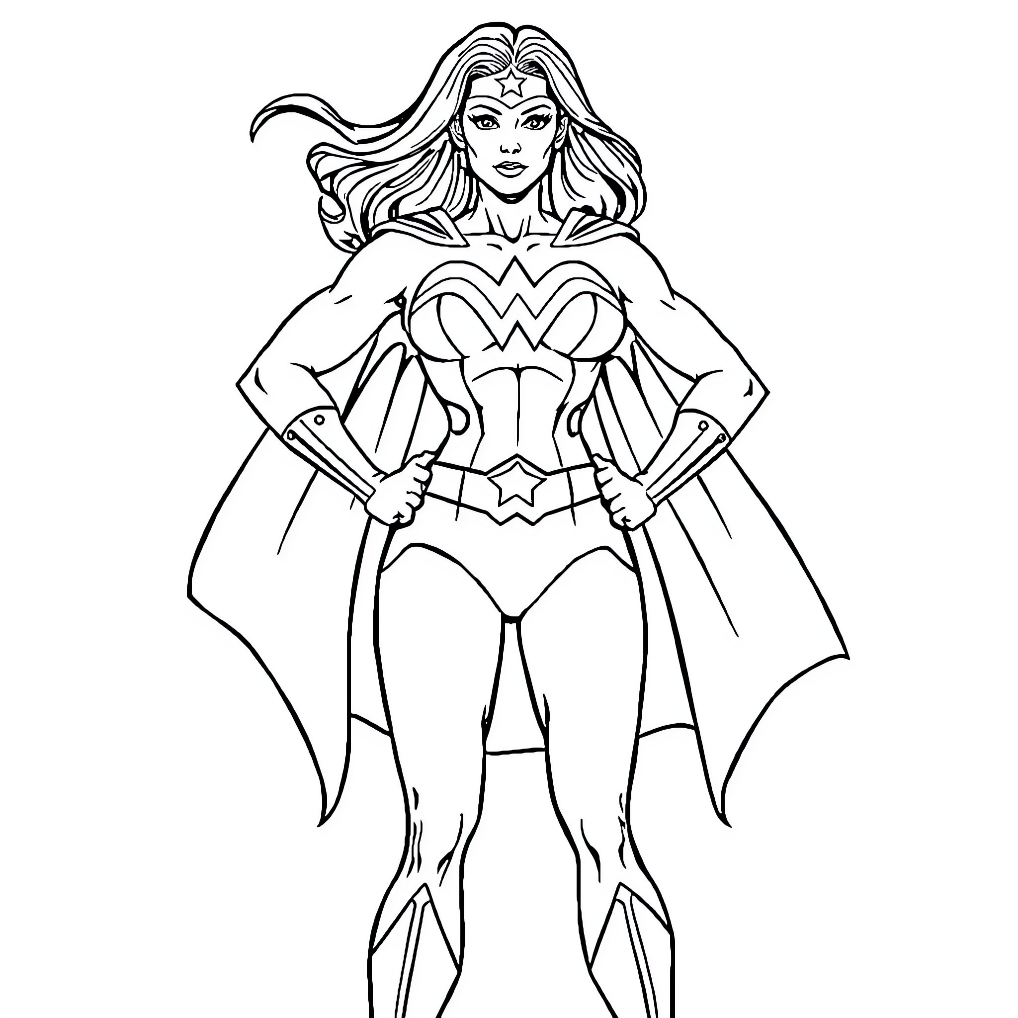 Superwoman in heroic fighting stance Coloring Page (free black-and-white line drawing printable PDF for all, from beginners to advanced learners, including children, teens, adults, and seniors)