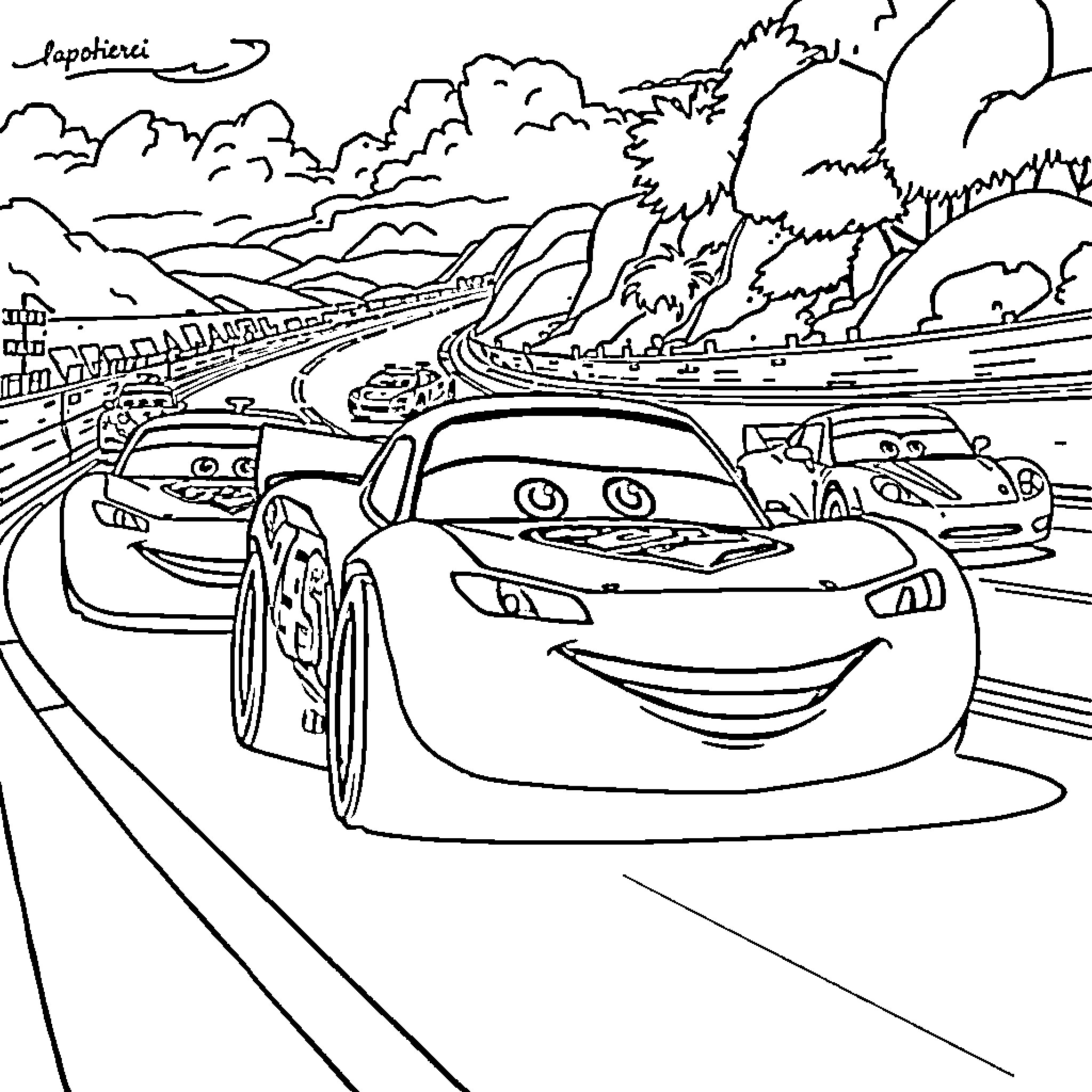 Rayo McQueen racing on the highway Coloring Page (free black-and-white line drawing printable PDF for all, from beginners to advanced learners, including children, teens, adults, and seniors)