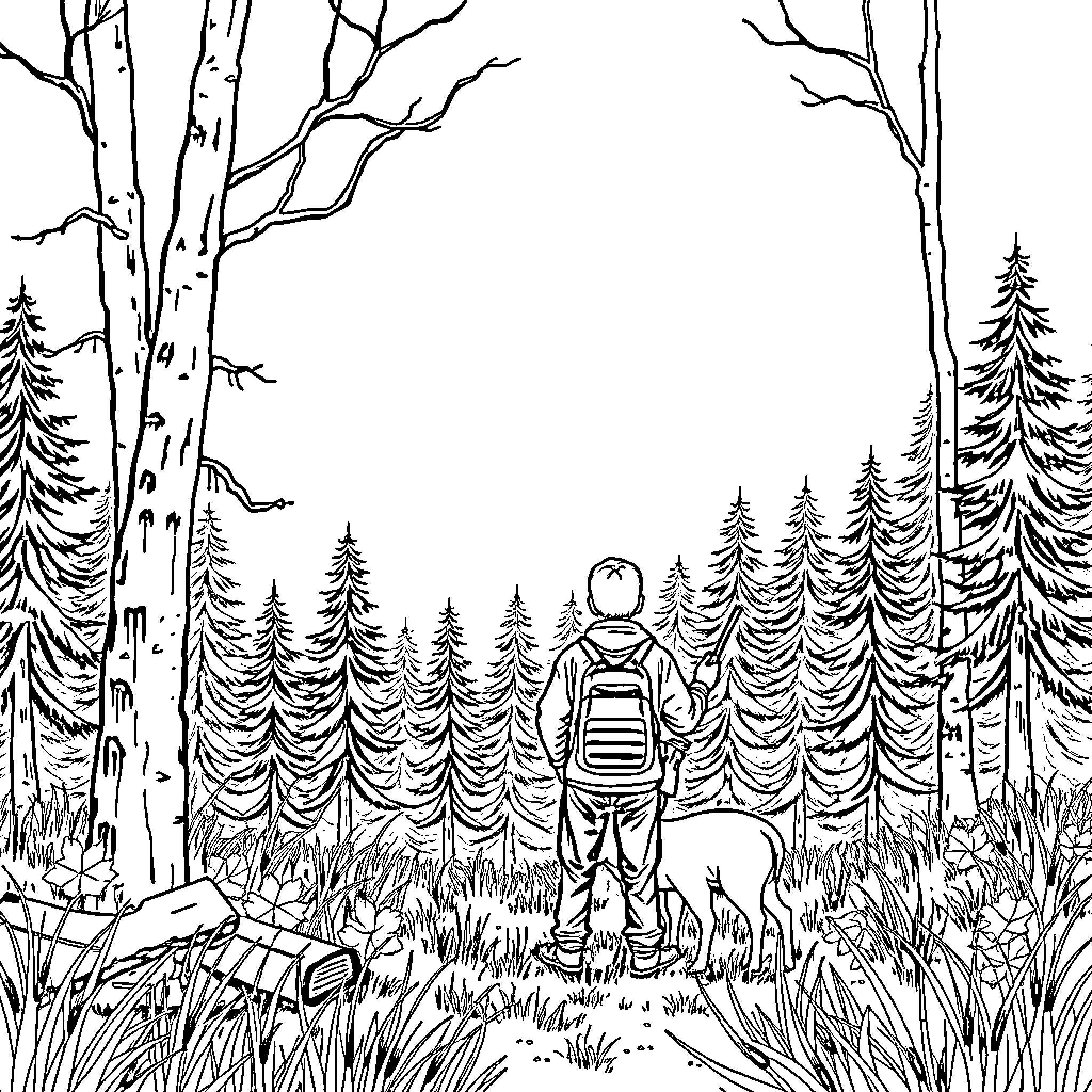 Hunter exploring mysterious forest landscape Coloring Page (free black-and-white line drawing printable PDF for all, from beginners to advanced learners, including children, teens, adults, and seniors)