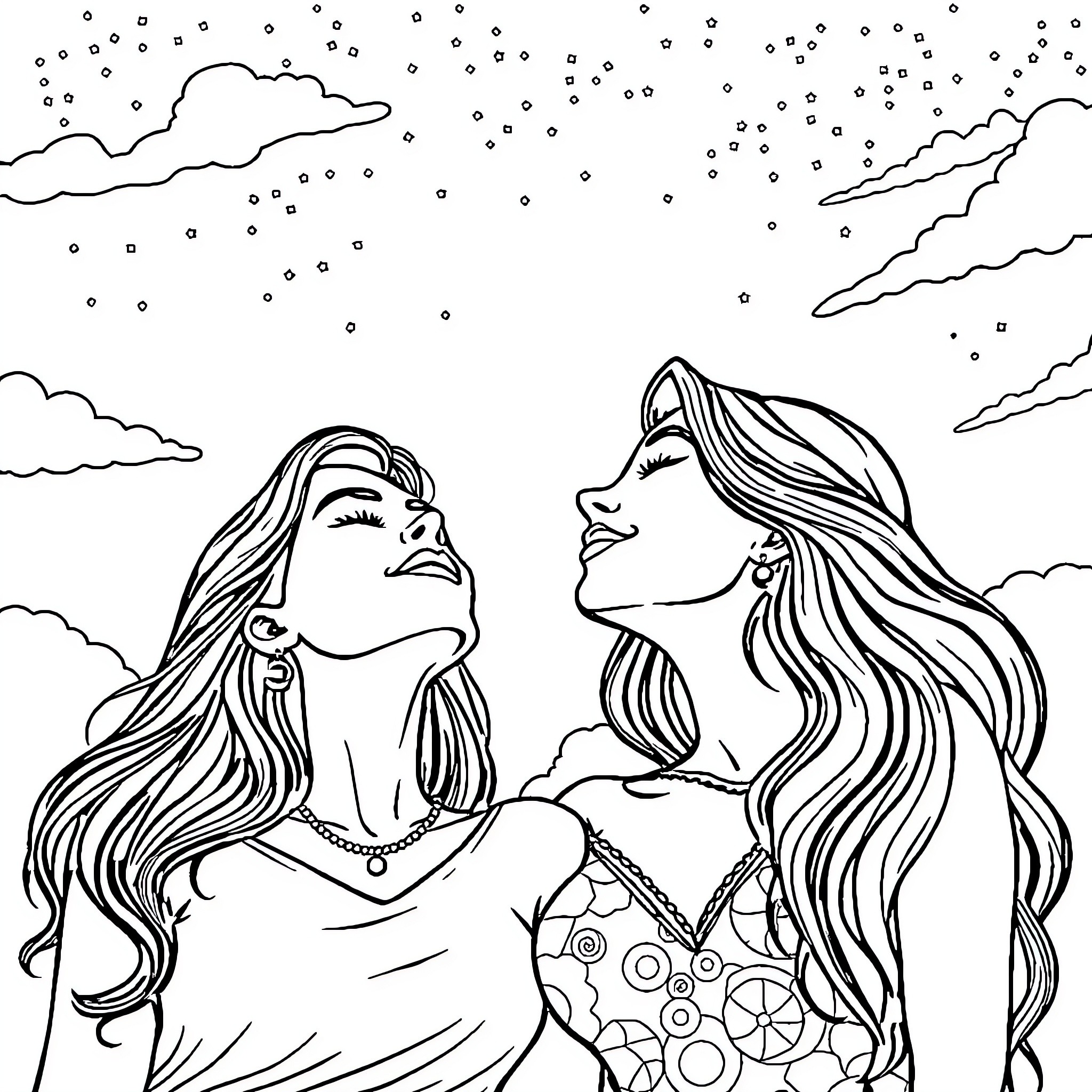 Women Enjoying the Starry Night Coloring Page (free black-and-white line drawing printable PDF for all, from beginners to advanced learners, including children, teens, adults, and seniors)