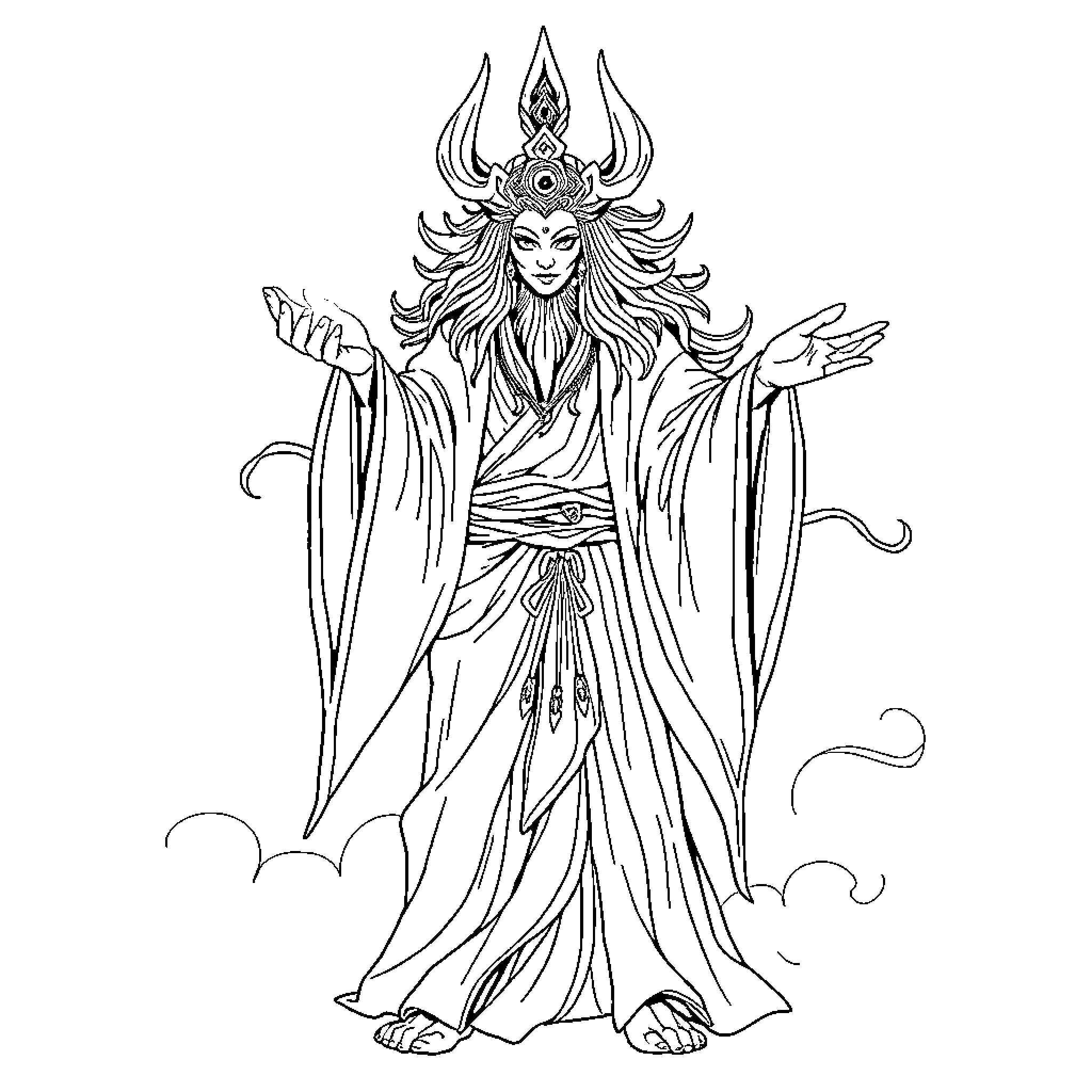 Kamis Yoka: Mystical Deity in Flowing Robes Coloring Page (free black-and-white line drawing printable PDF for all, from beginners to advanced learners, including children, teens, adults, and seniors)