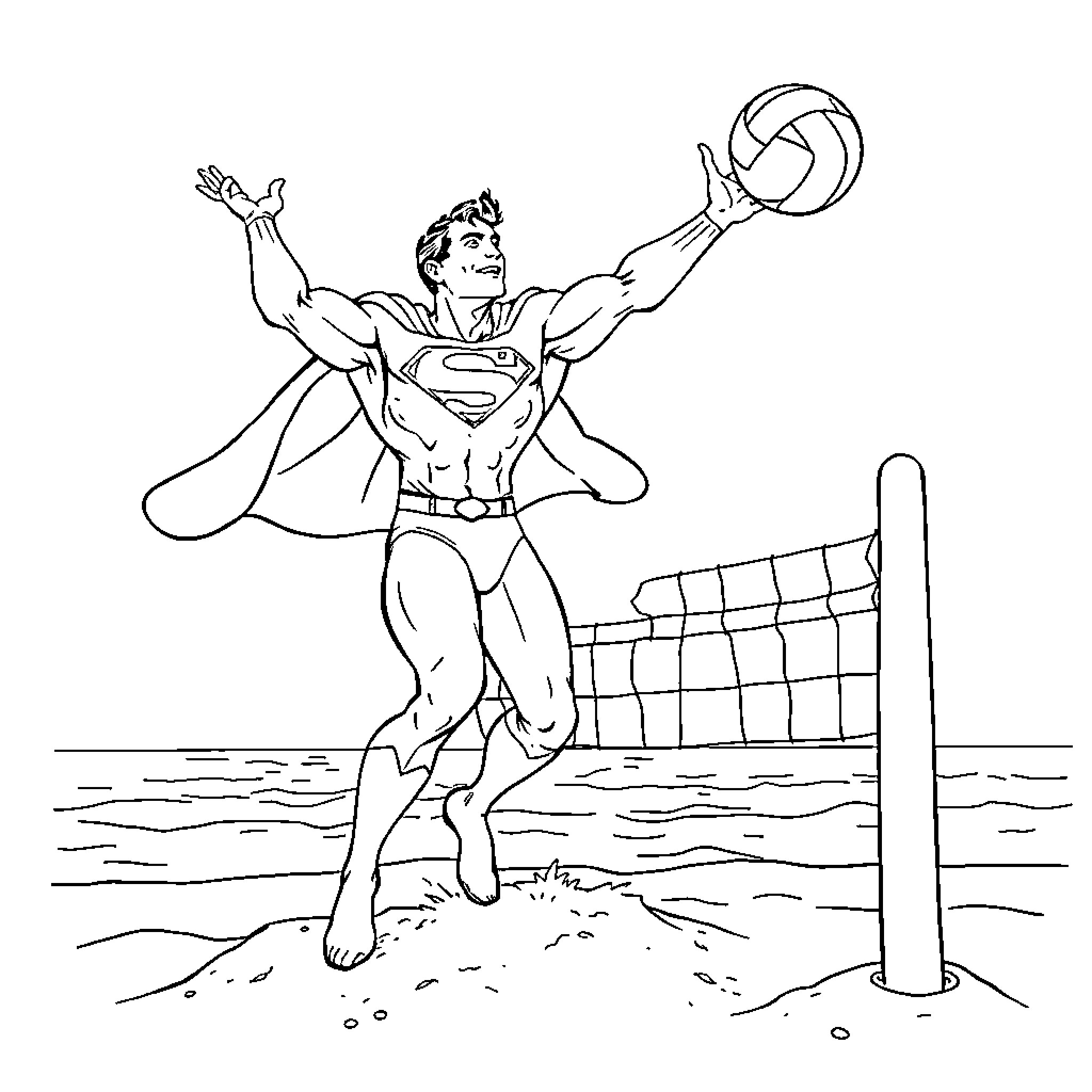 Superman playing volleyball on the beach Coloring Page (free black-and-white line drawing printable PDF for all, from beginners to advanced learners, including children, teens, adults, and seniors)