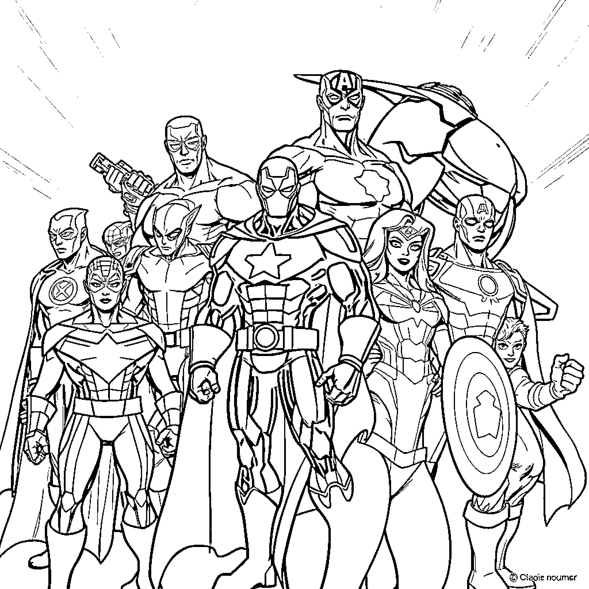Superhero Group Assembling for Action Coloring Page (free black-and-white line drawing printable PDF for all, from beginners to advanced learners, including children, teens, adults, and seniors)