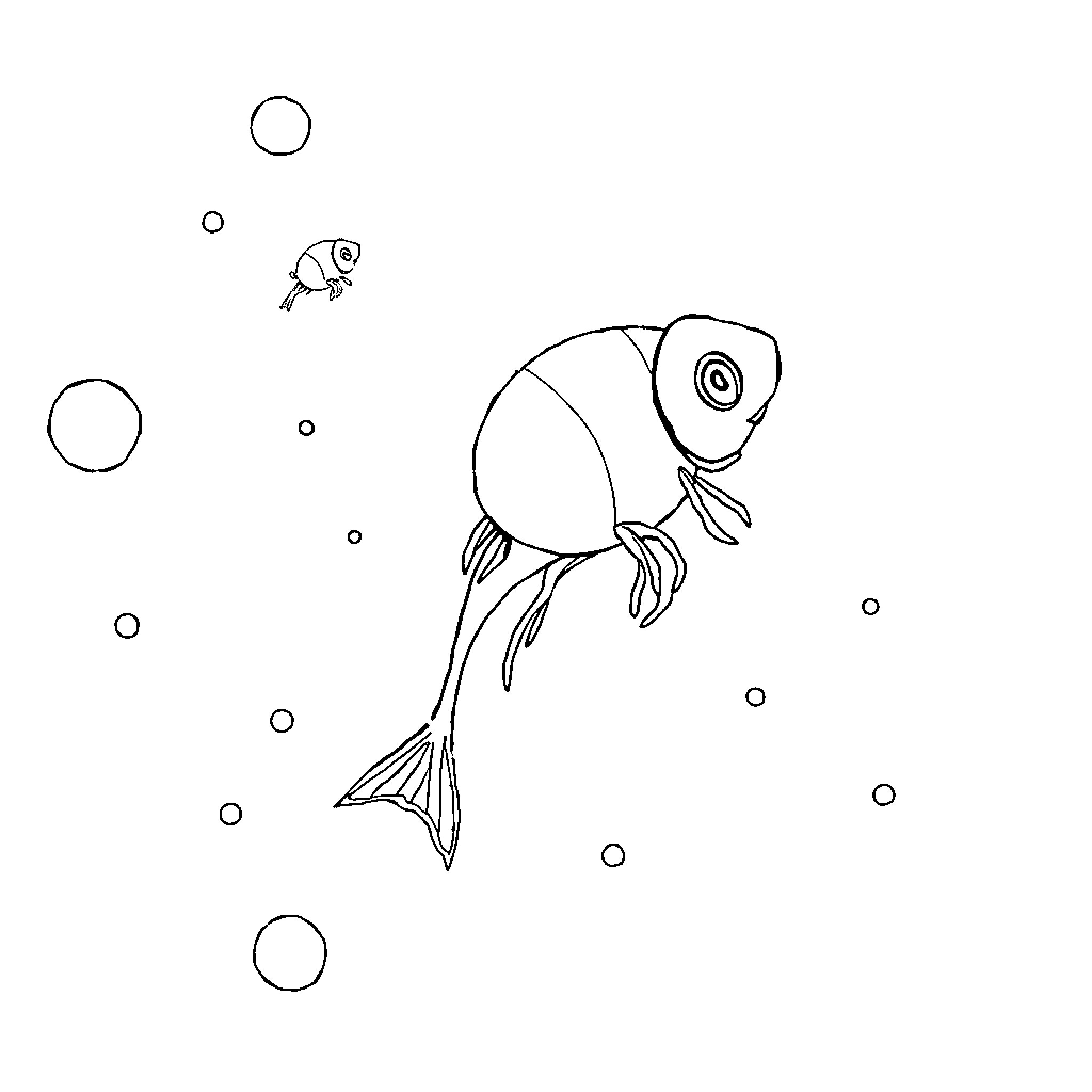 Zooplankton swimming among bubbles Coloring Page (free black-and-white line drawing printable PDF for all, from beginners to advanced learners, including children, teens, adults, and seniors)