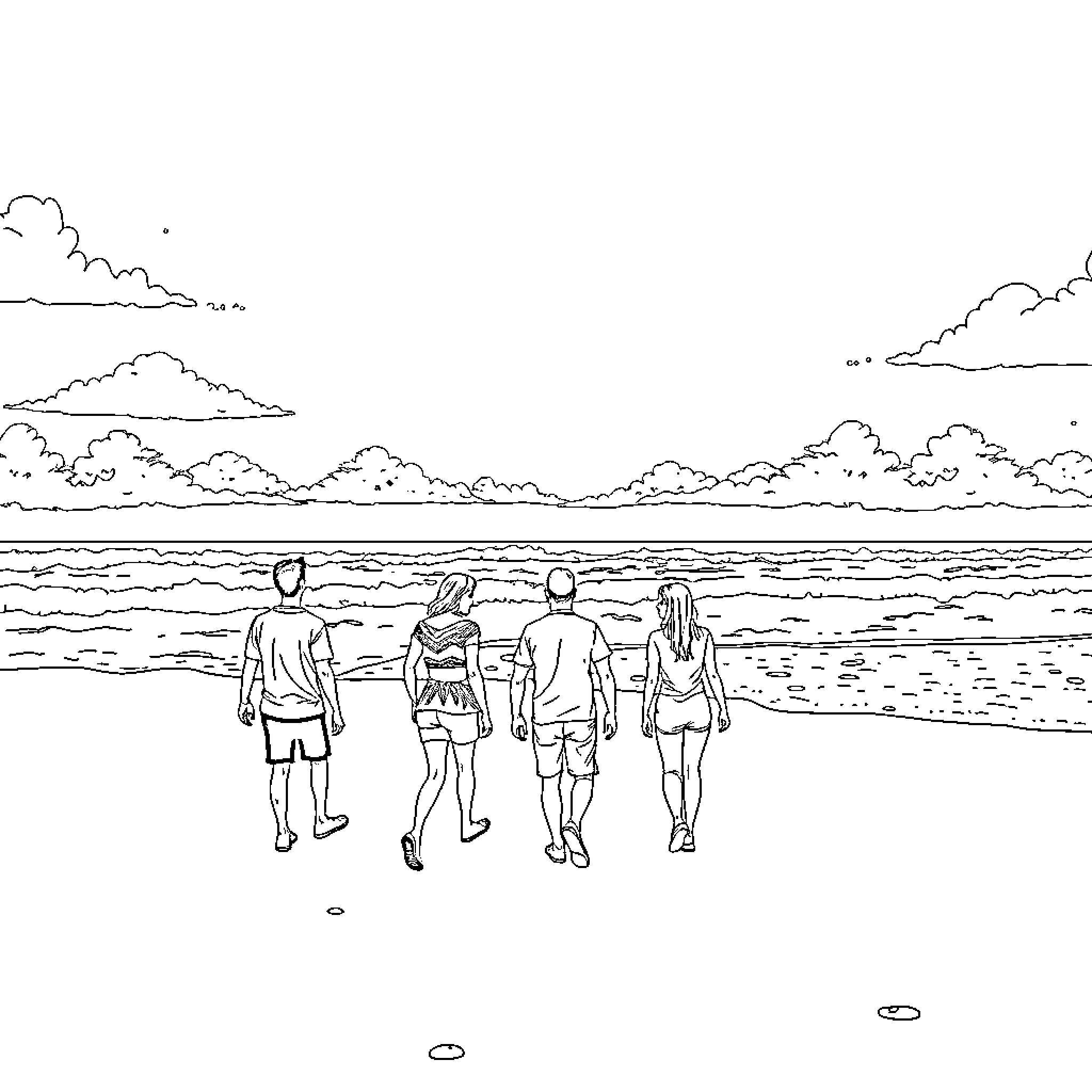 Adult walking along the beach on a sunny day Coloring Page (free black-and-white line drawing printable PDF for all, from beginners to advanced learners, including children, teens, adults, and seniors)