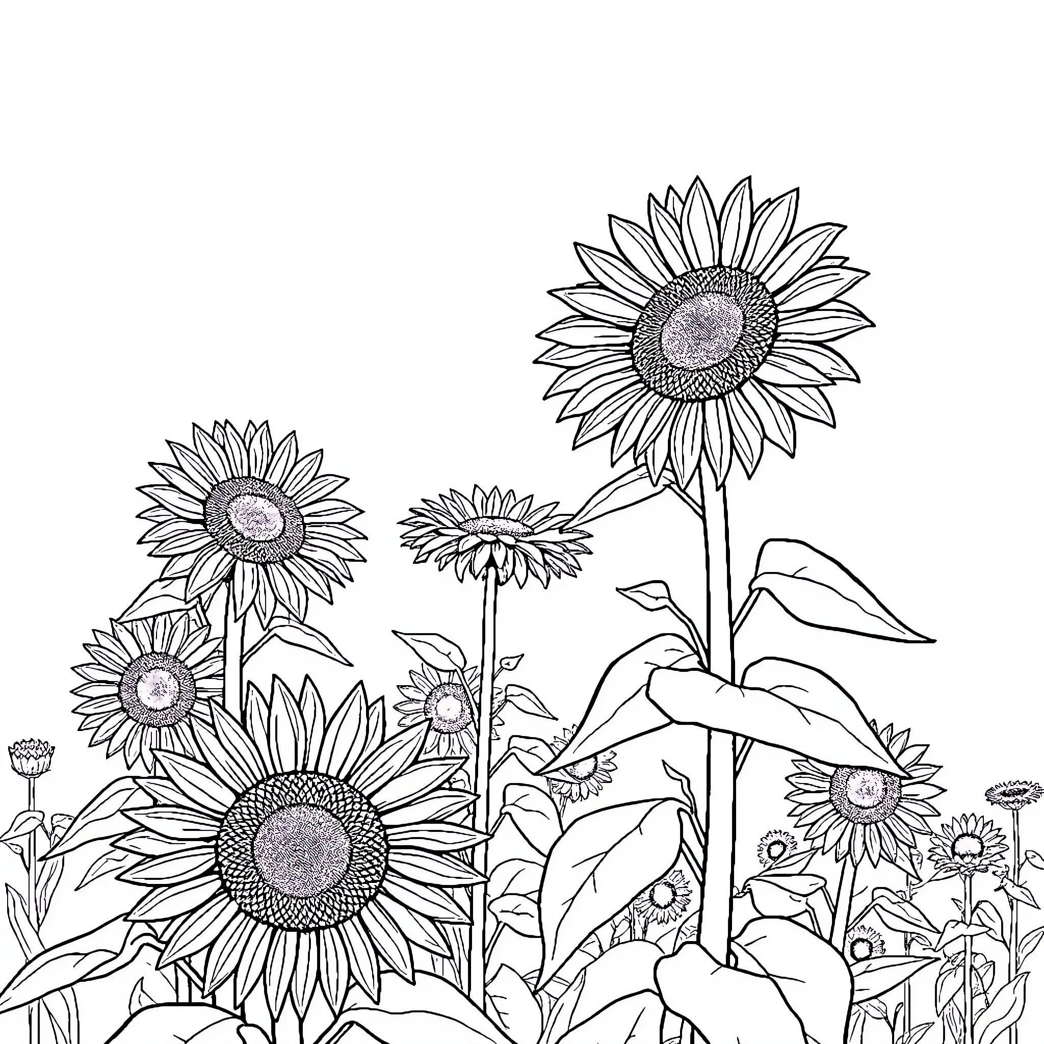 Sunflowers blooming in a garden field Coloring Page (free black-and-white line drawing printable PDF for all, from beginners to advanced learners, including children, teens, adults, and seniors)