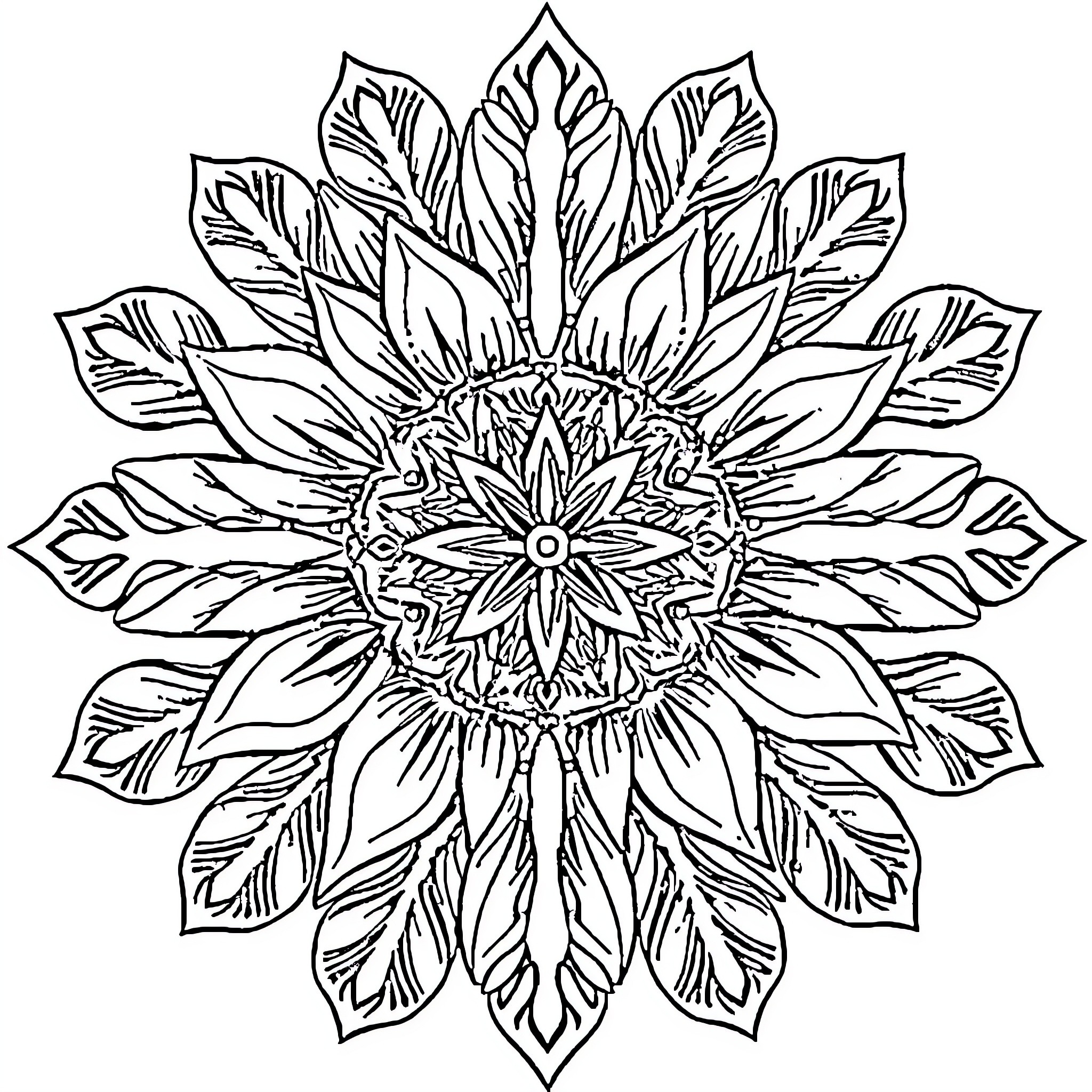 Snowflake-Inspired Abstract Floral Design Coloring Page (free black-and-white line drawing printable PDF for all, from beginners to advanced learners, including children, teens, adults, and seniors)