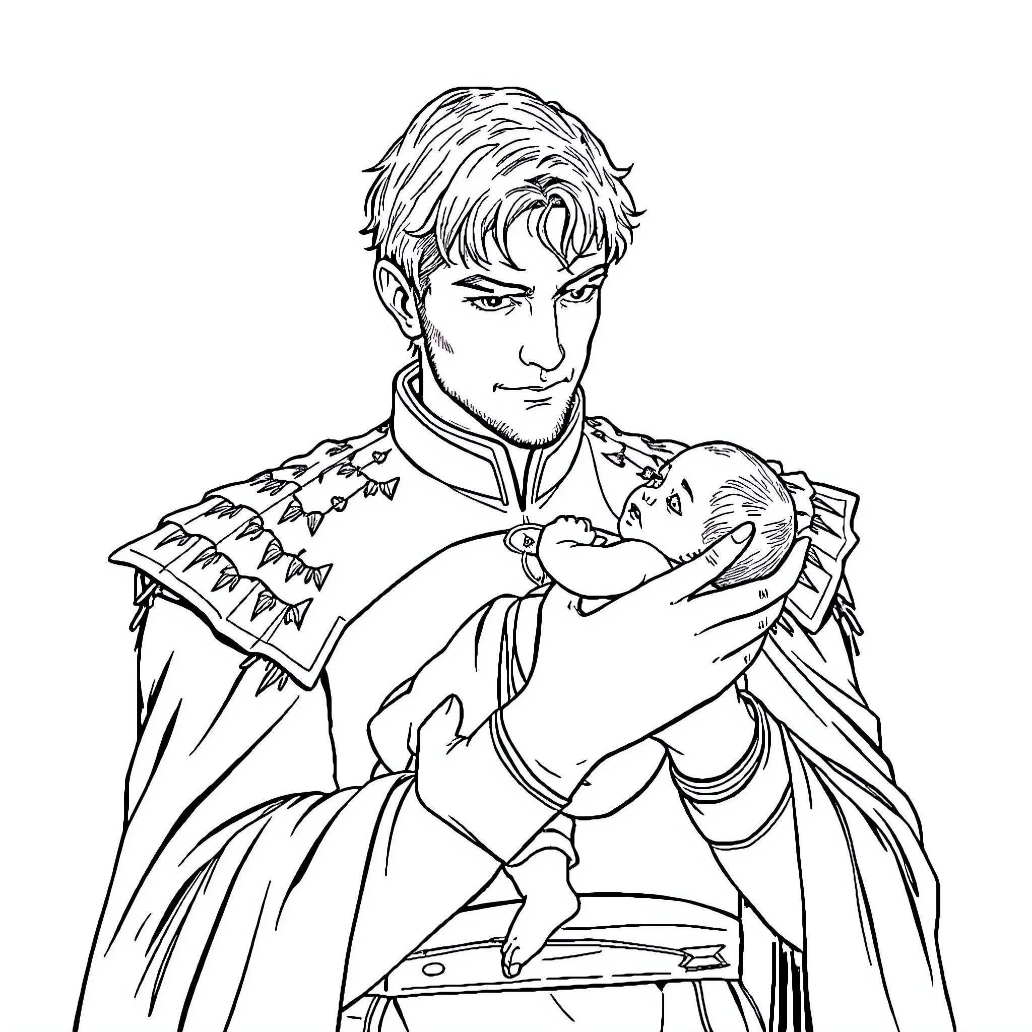 Daemon Targaryen holds his newborn child Coloring Page (free black-and-white line drawing printable PDF for all, from beginners to advanced learners, including children, teens, adults, and seniors)