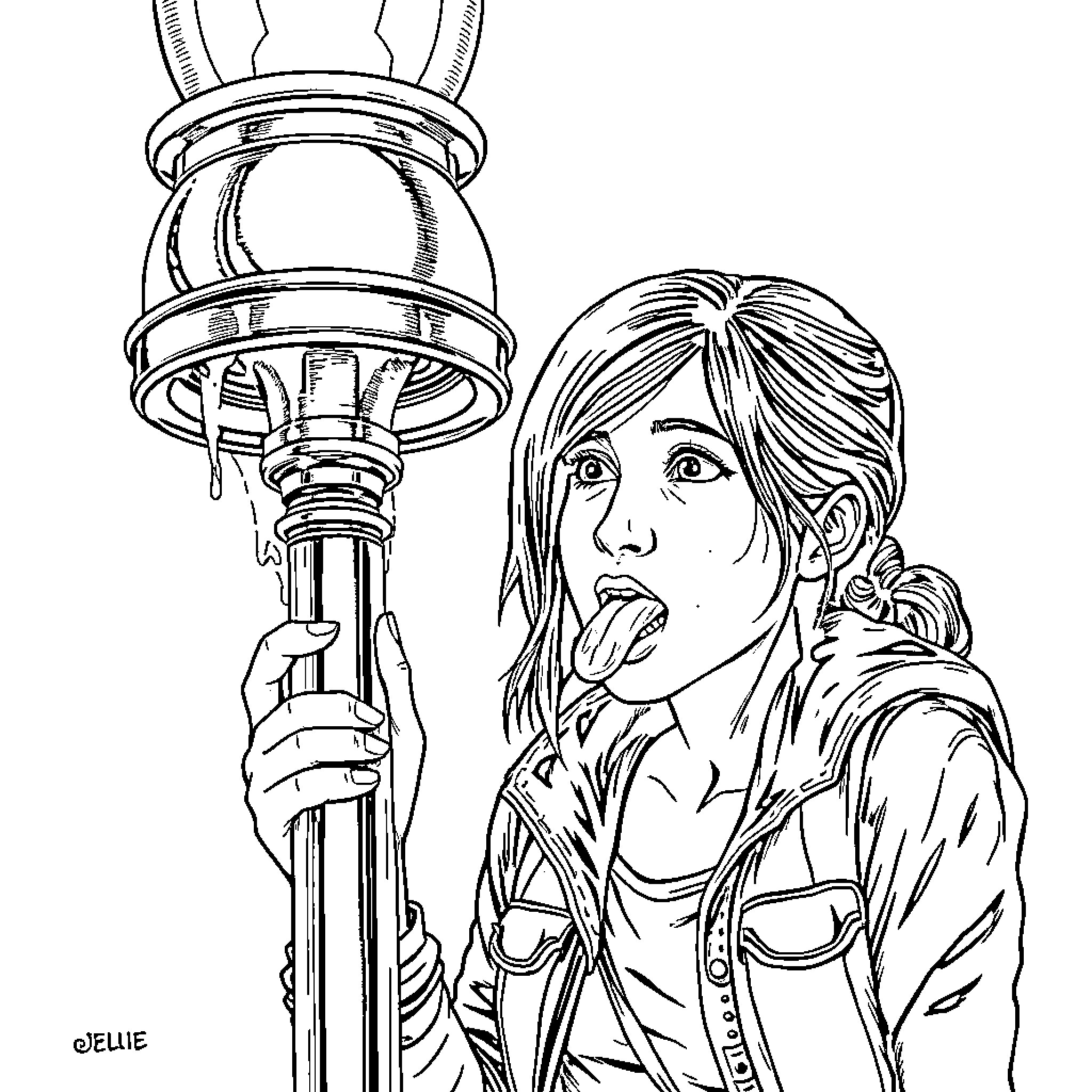 Ellie exploring a mysterious street lamp Coloring Page (free black-and-white line drawing printable PDF for all, from beginners to advanced learners, including children, teens, adults, and seniors)