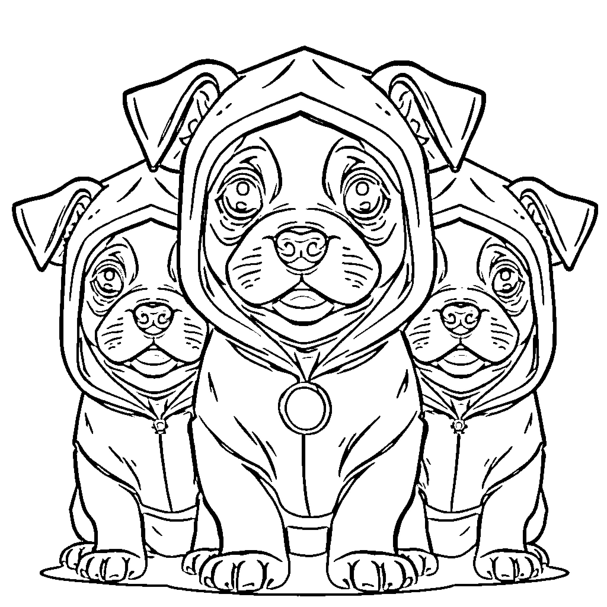 Puppy triplets wearing hoodies in the park Coloring Page (free black-and-white line drawing printable PDF for all, from beginners to advanced learners, including children, teens, adults, and seniors)