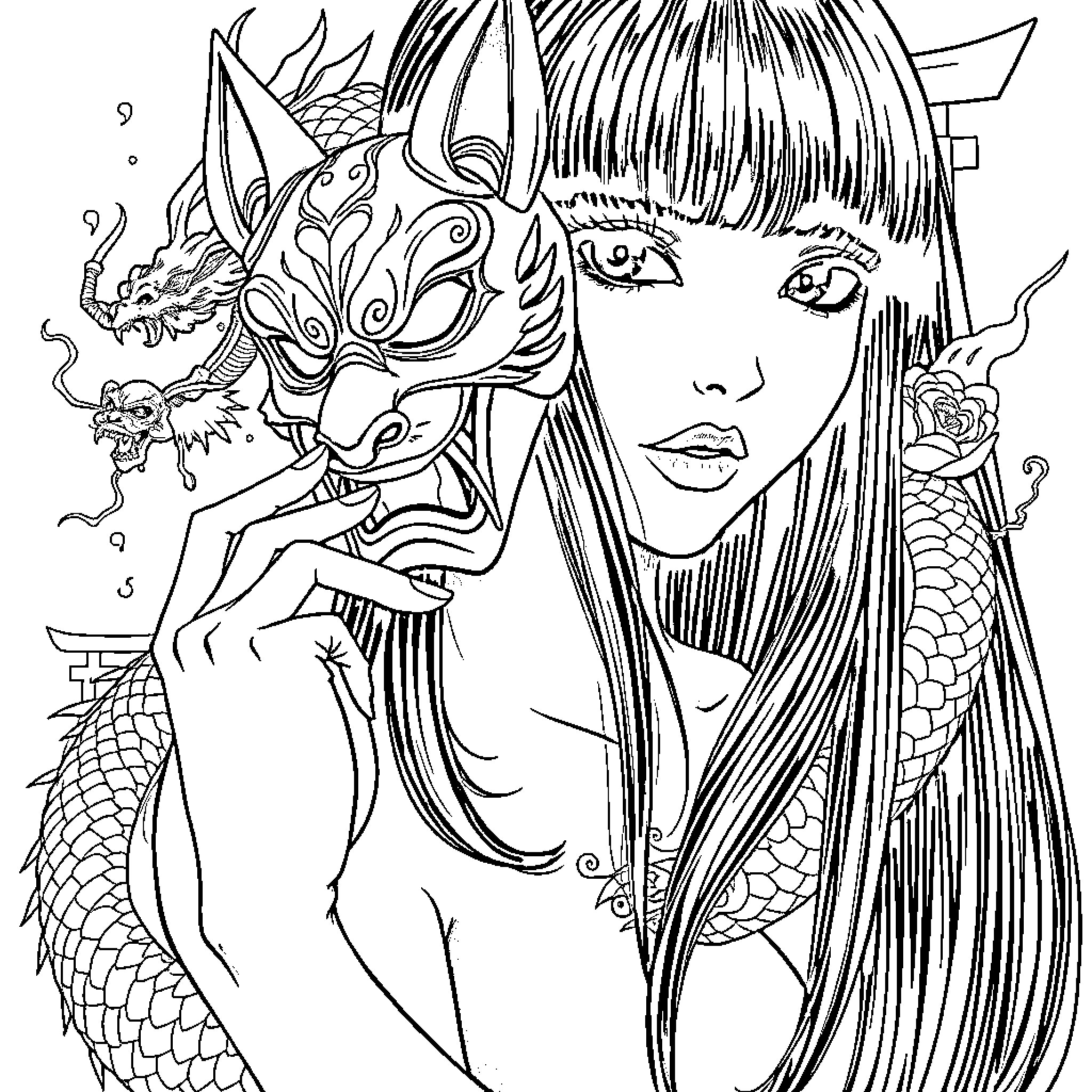 Woman with intricate dragon mask and long hair Coloring Page (free black-and-white line drawing printable PDF for all, from beginners to advanced learners, including children, teens, adults, and seniors)