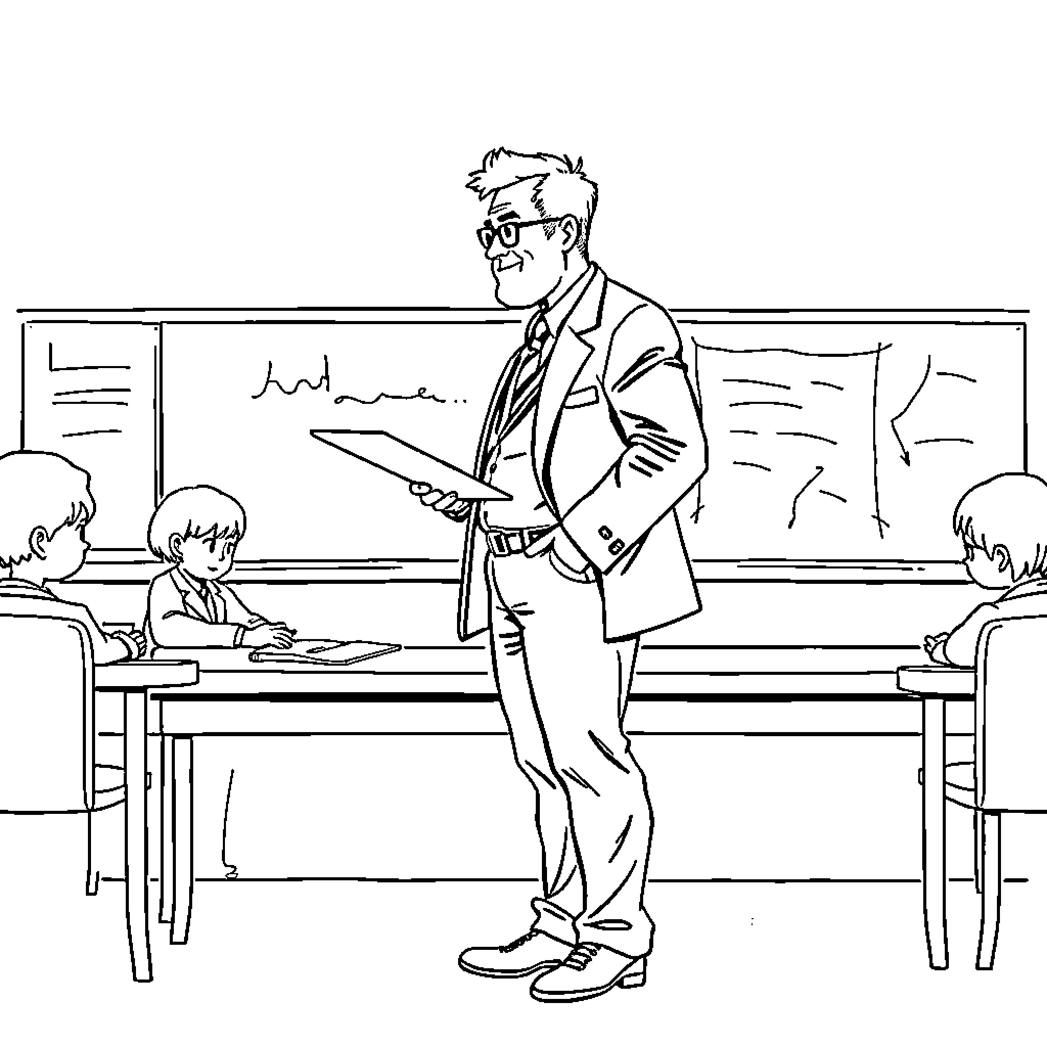Professor instructing students in the classroom Coloring Page (free black-and-white line drawing printable PDF for all, from beginners to advanced learners, including children, teens, adults, and seniors)