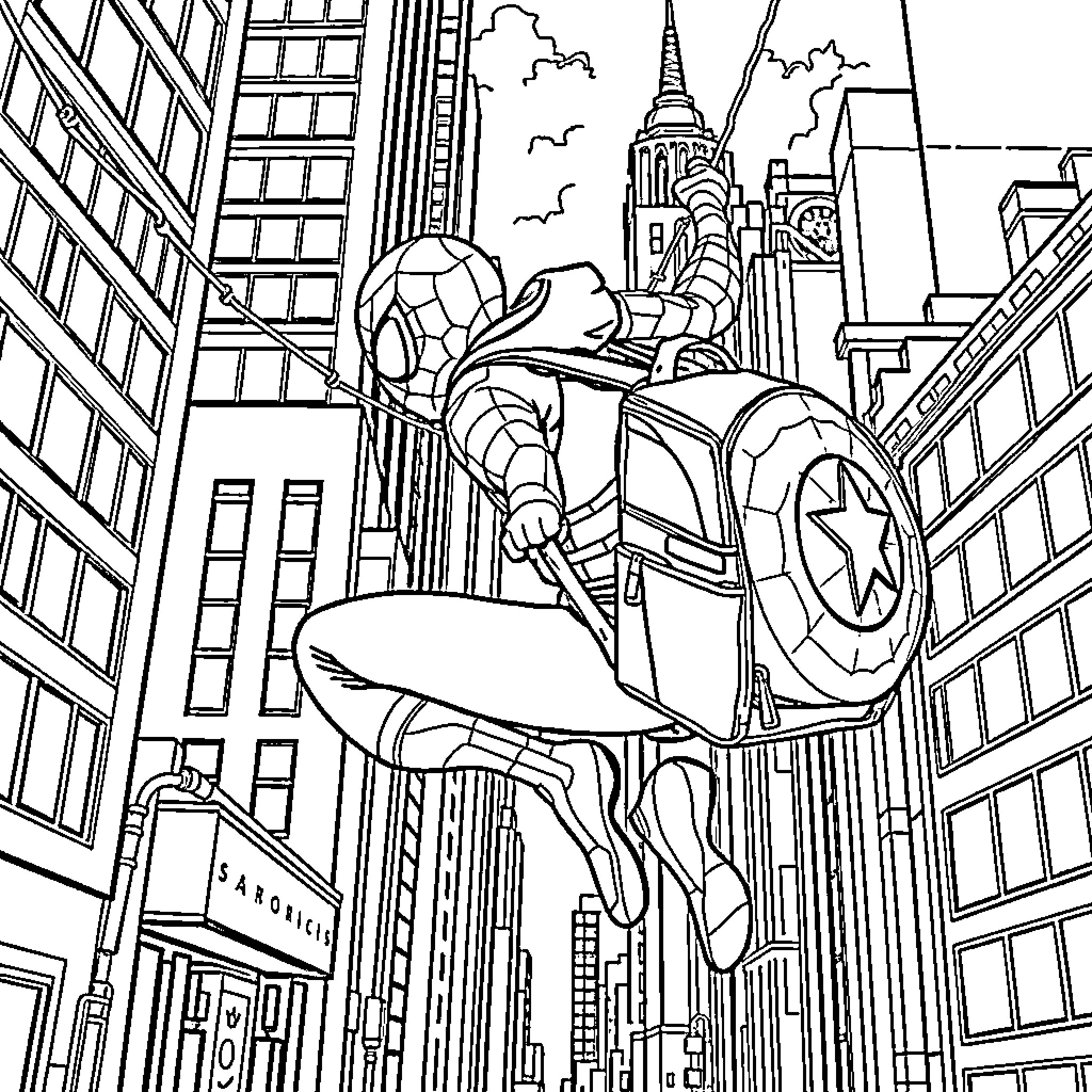 Spiderman swinging through the city skyline Coloring Page (free black-and-white line drawing printable PDF for all, from beginners to advanced learners, including children, teens, adults, and seniors)