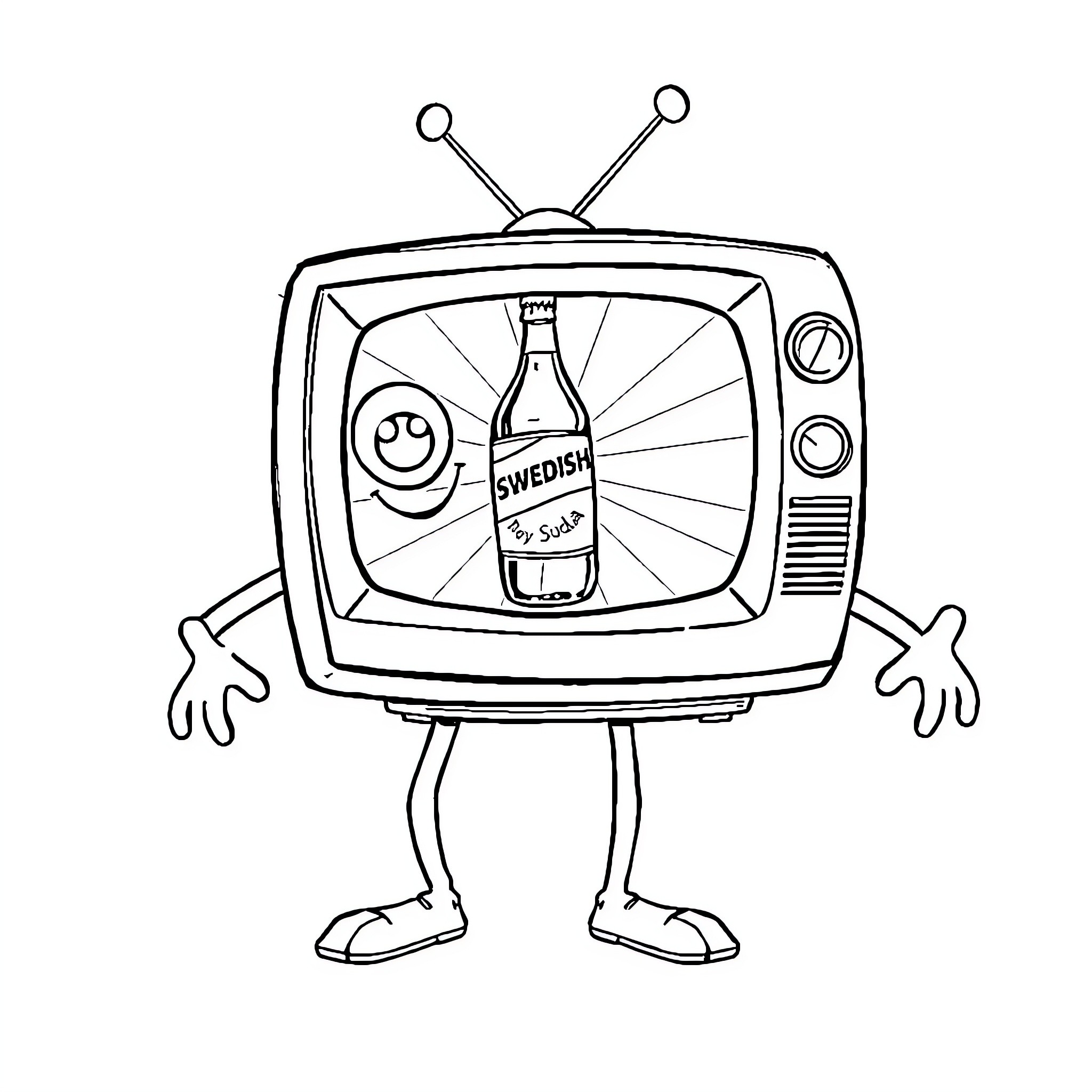 TV displaying a bottle of Swedish alcohol Coloring Page (free black-and-white line drawing printable PDF for all, from beginners to advanced learners, including children, teens, adults, and seniors)