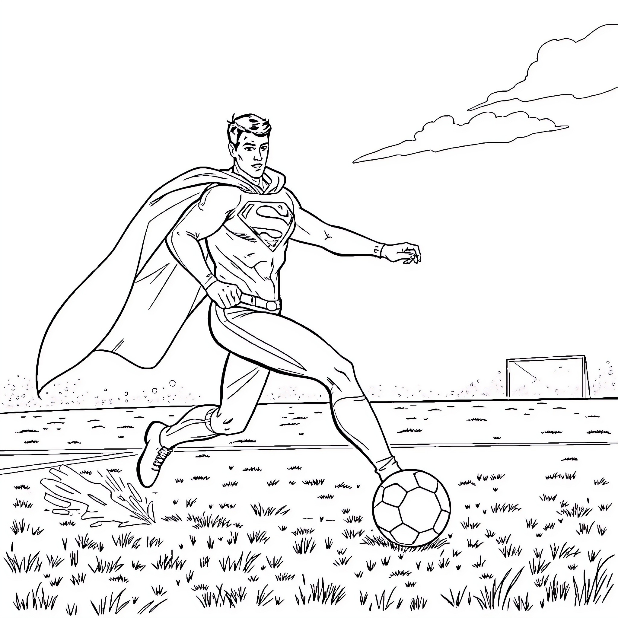Superman playing soccer on the field Coloring Page (free black-and-white line drawing printable PDF for all, from beginners to advanced learners, including children, teens, adults, and seniors)