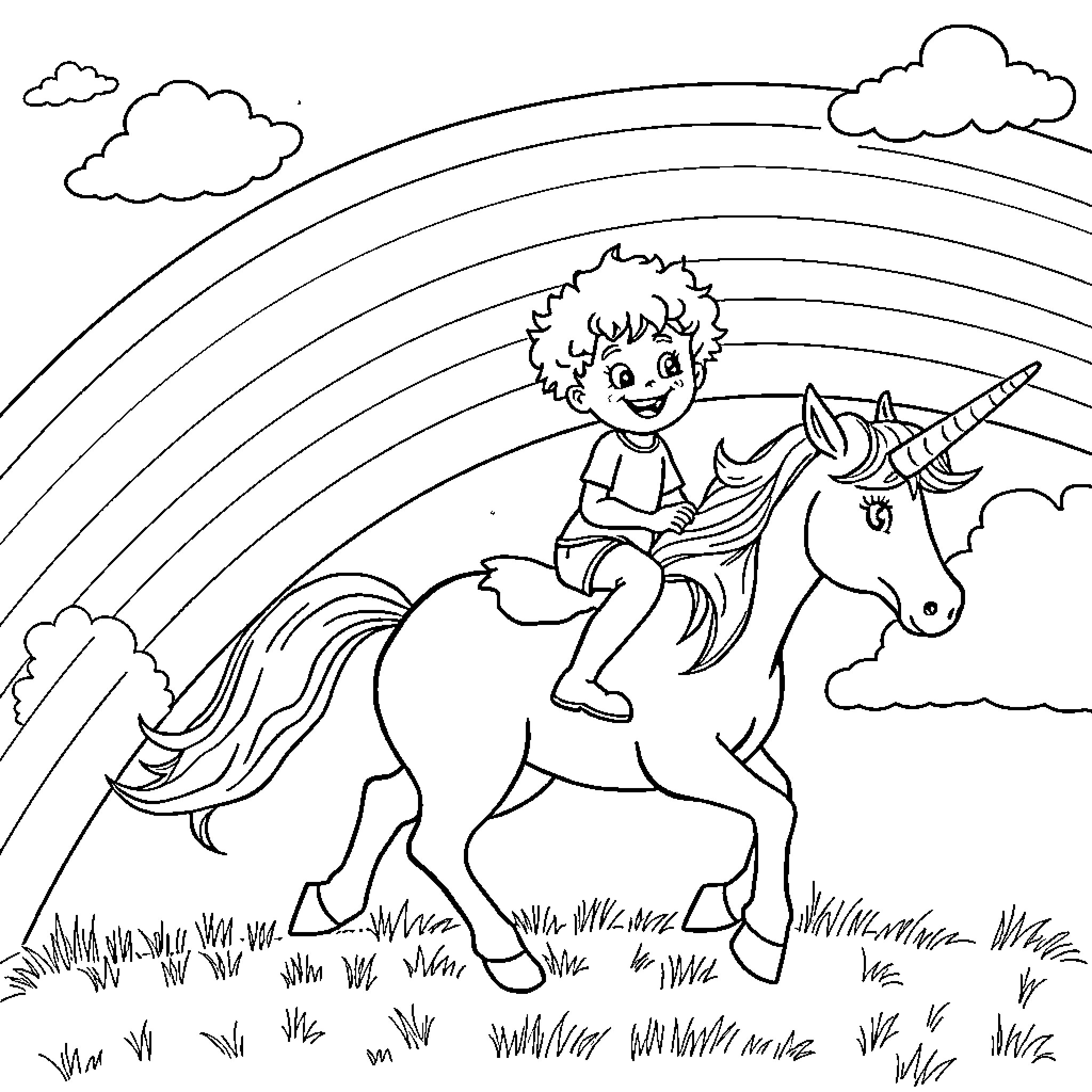 Unicorn and child riding joyfully under rainbow Coloring Page (free black-and-white line drawing printable PDF for all, from beginners to advanced learners, including children, teens, adults, and seniors)