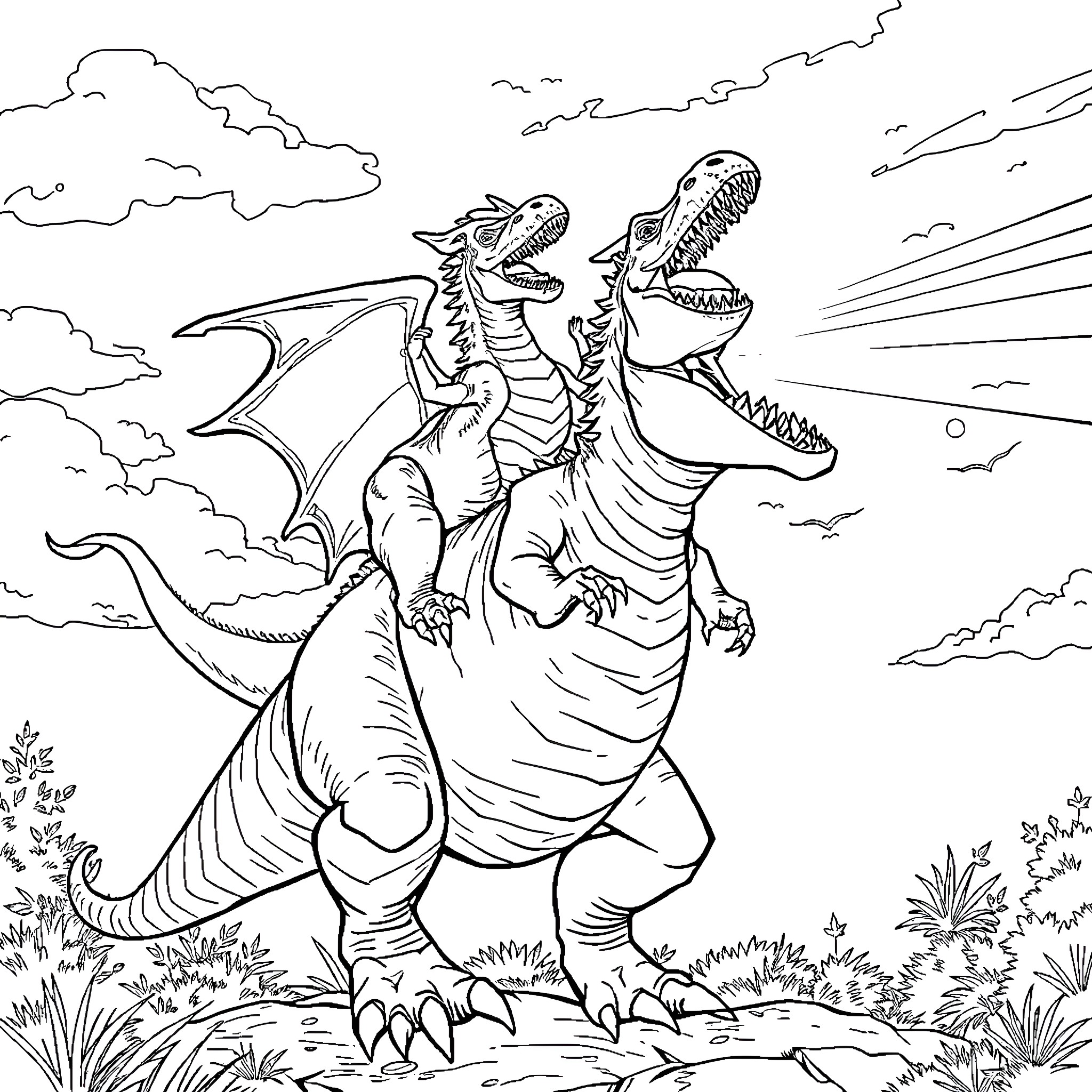 Dragon Battling Ferociously in a Dramatic Landscape Coloring Page (free black-and-white line drawing printable PDF for all, from beginners to advanced learners, including children, teens, adults, and seniors)