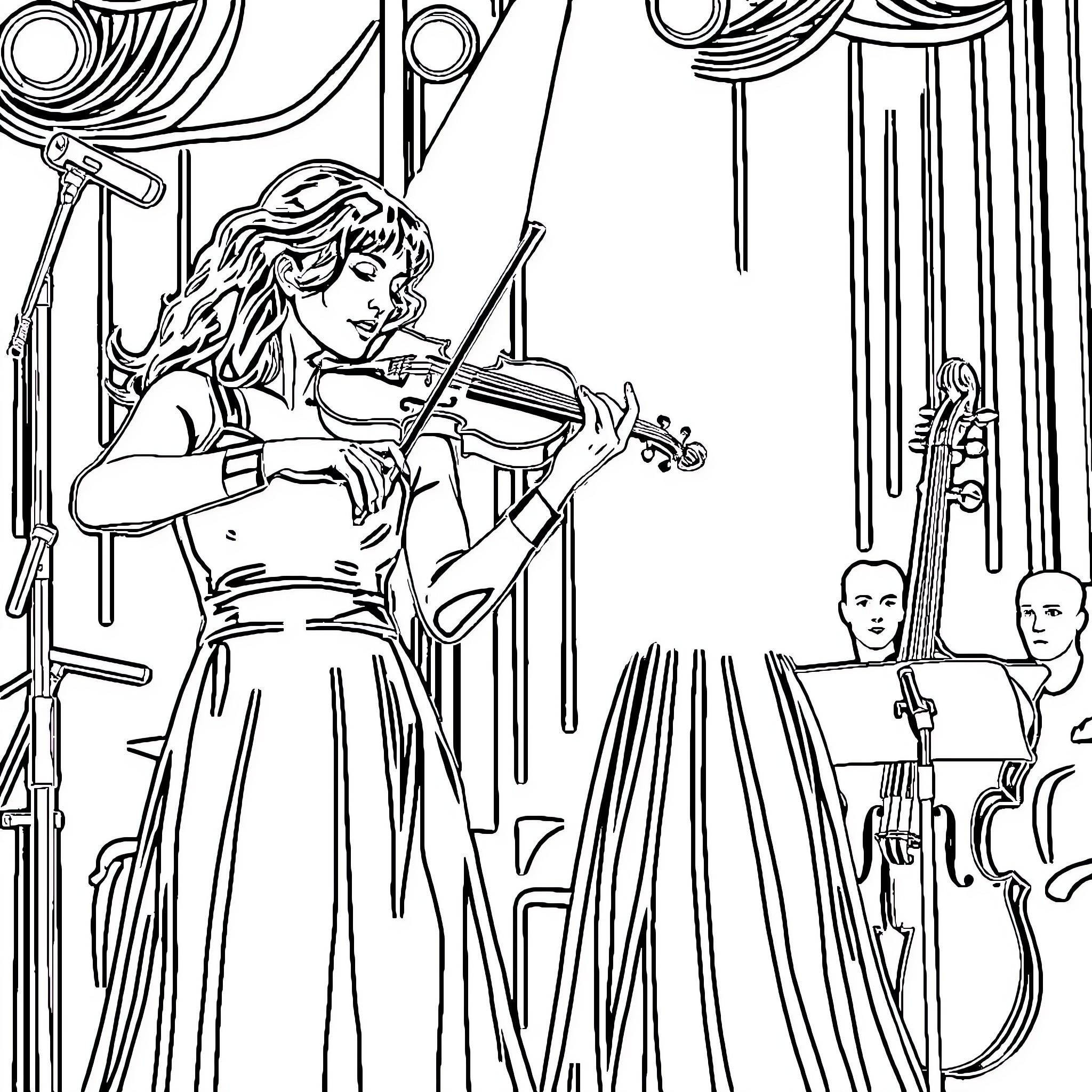 Nolwenn Leroy performing on stage with musicians Coloring Page (free black-and-white line drawing printable PDF for all, from beginners to advanced learners, including children, teens, adults, and seniors)
