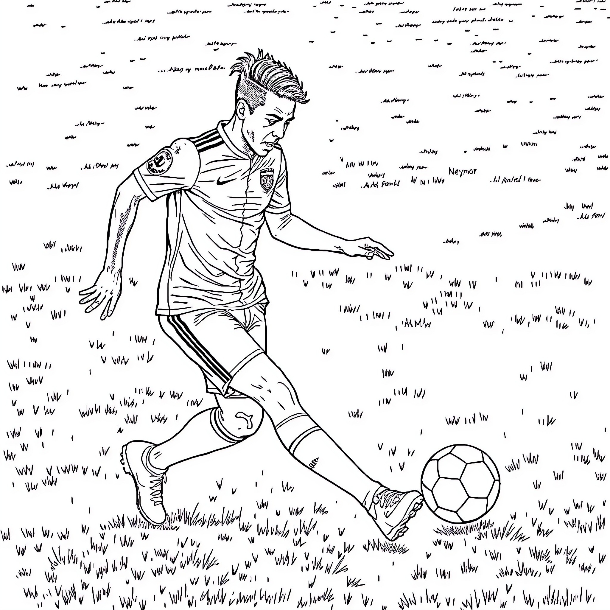 Neymar kicking the soccer ball on the field Coloring Page (free black-and-white line drawing printable PDF for all, from beginners to advanced learners, including children, teens, adults, and seniors)