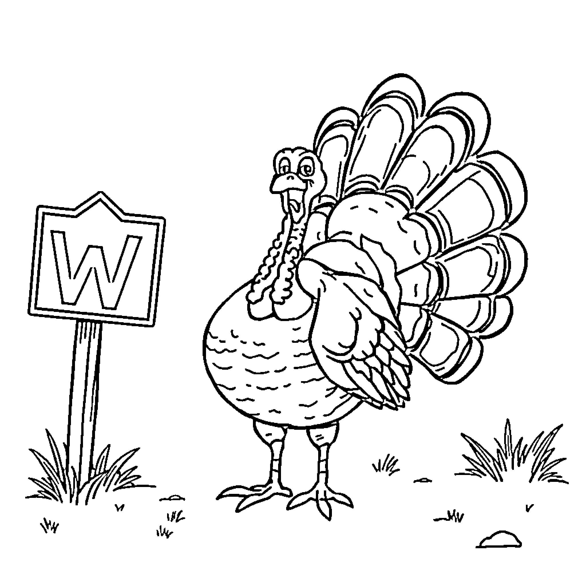 Turkey standing near a warning sign Coloring Page (free black-and-white line drawing printable PDF for all, from beginners to advanced learners, including children, teens, adults, and seniors)