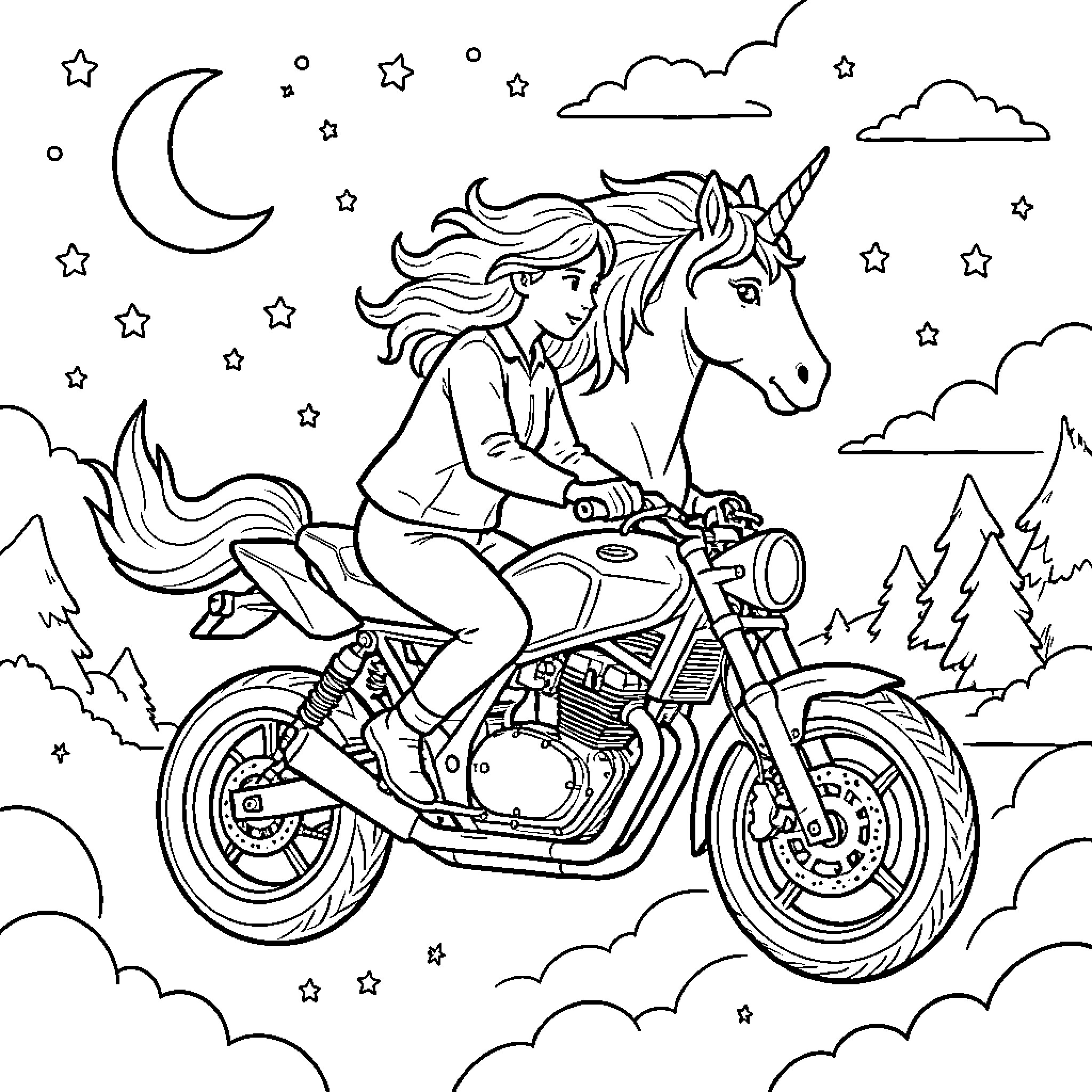 Unicorn riding through a starry night sky Coloring Page (free black-and-white line drawing printable PDF for all, from beginners to advanced learners, including children, teens, adults, and seniors)