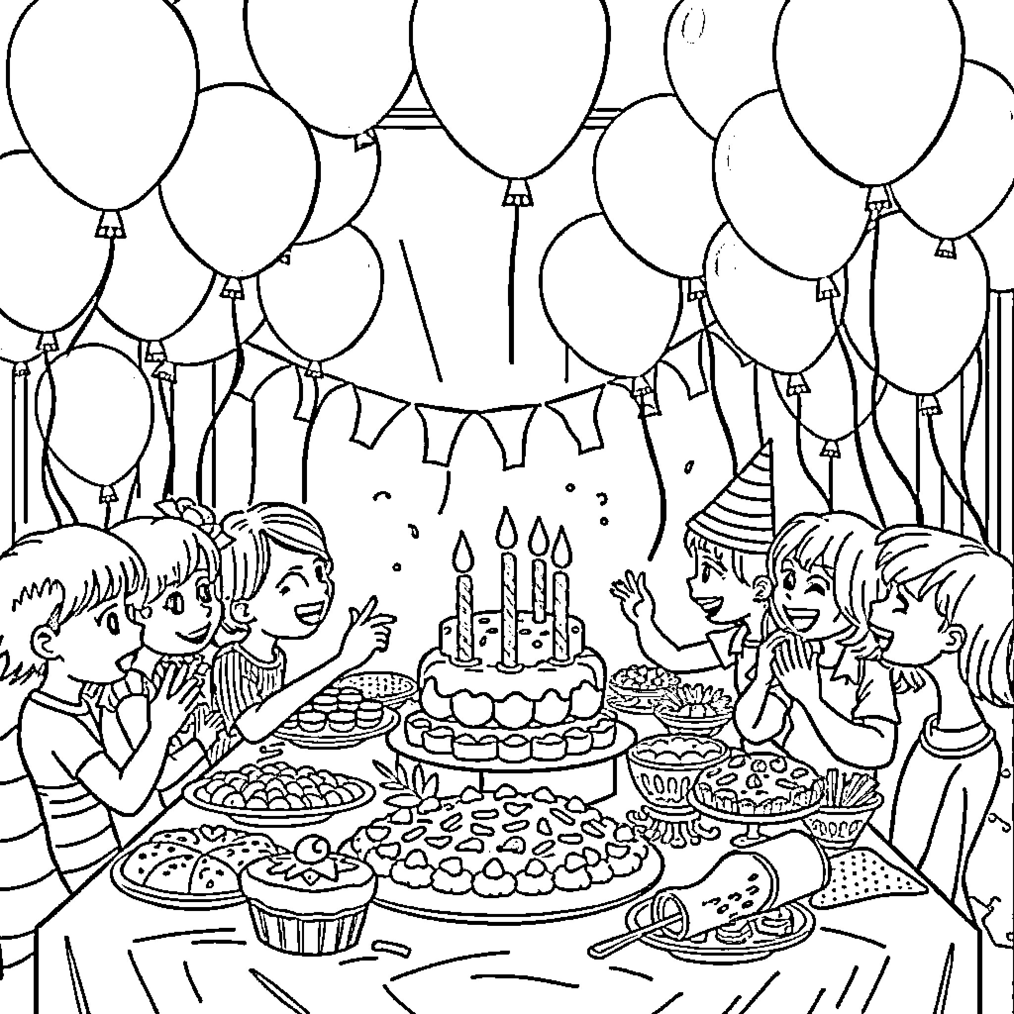 Birthday Party with Smiling Children and Celebration Coloring Page (free black-and-white line drawing printable PDF for all, from beginners to advanced learners, including children, teens, adults, and seniors)