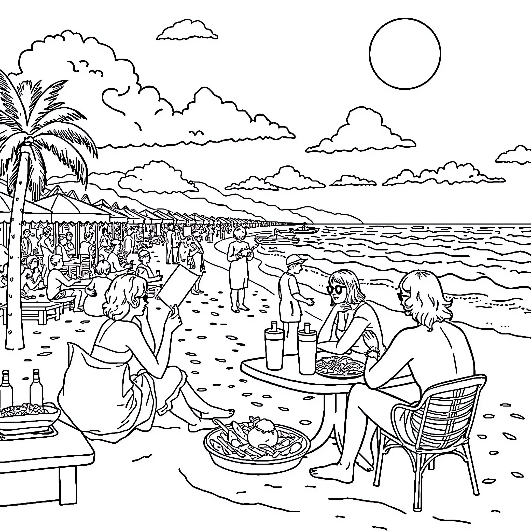 Brain Scene of People Enjoying Beachside Coloring Page (free black-and-white line drawing printable PDF for all, from beginners to advanced learners, including children, teens, adults, and seniors)