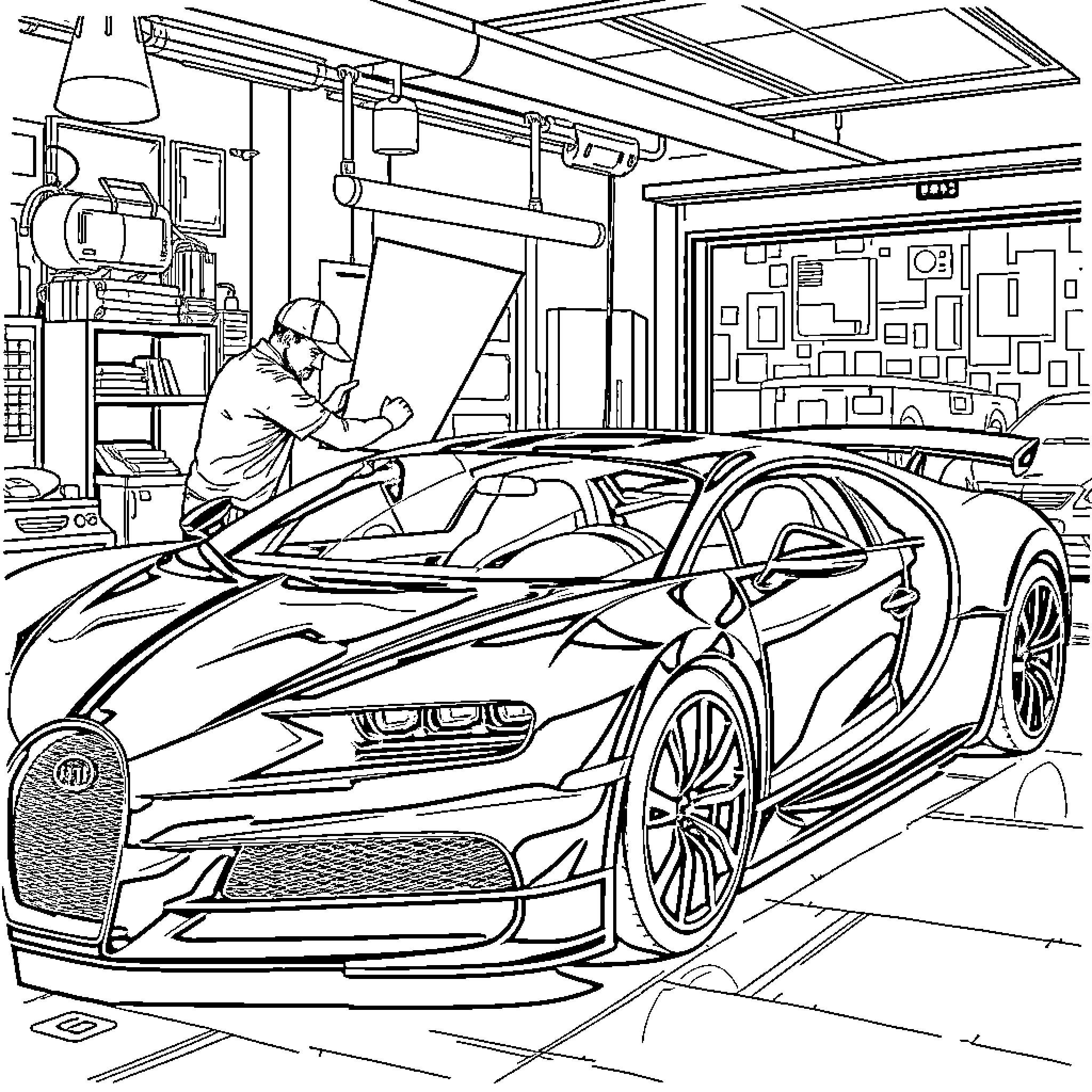 Man inspecting a high-performance sports car in a workshop Coloring Page (free black-and-white line drawing printable PDF for all, from beginners to advanced learners, including children, teens, adults, and seniors)