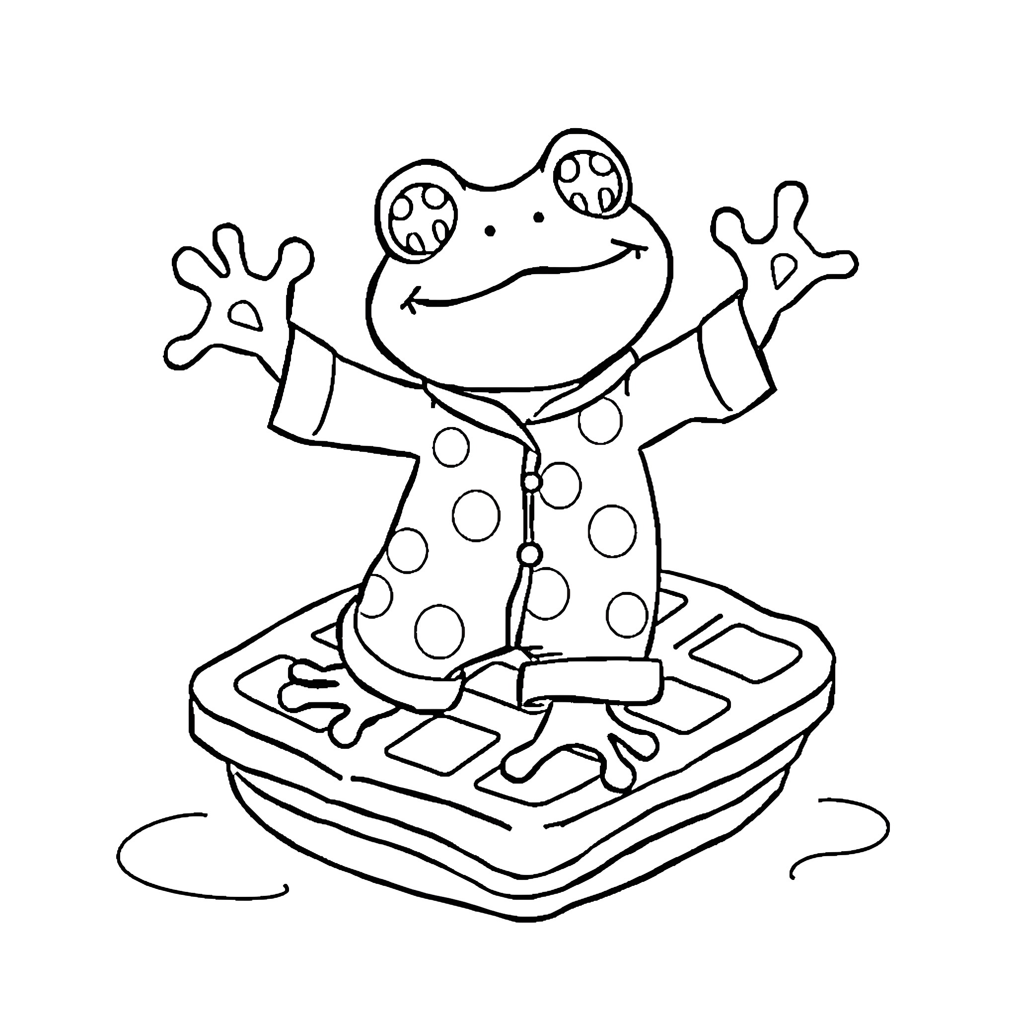 Frog Dancing Joyfully on a Waffle Coloring Page (free black-and-white line drawing printable PDF for all, from beginners to advanced learners, including children, teens, adults, and seniors)