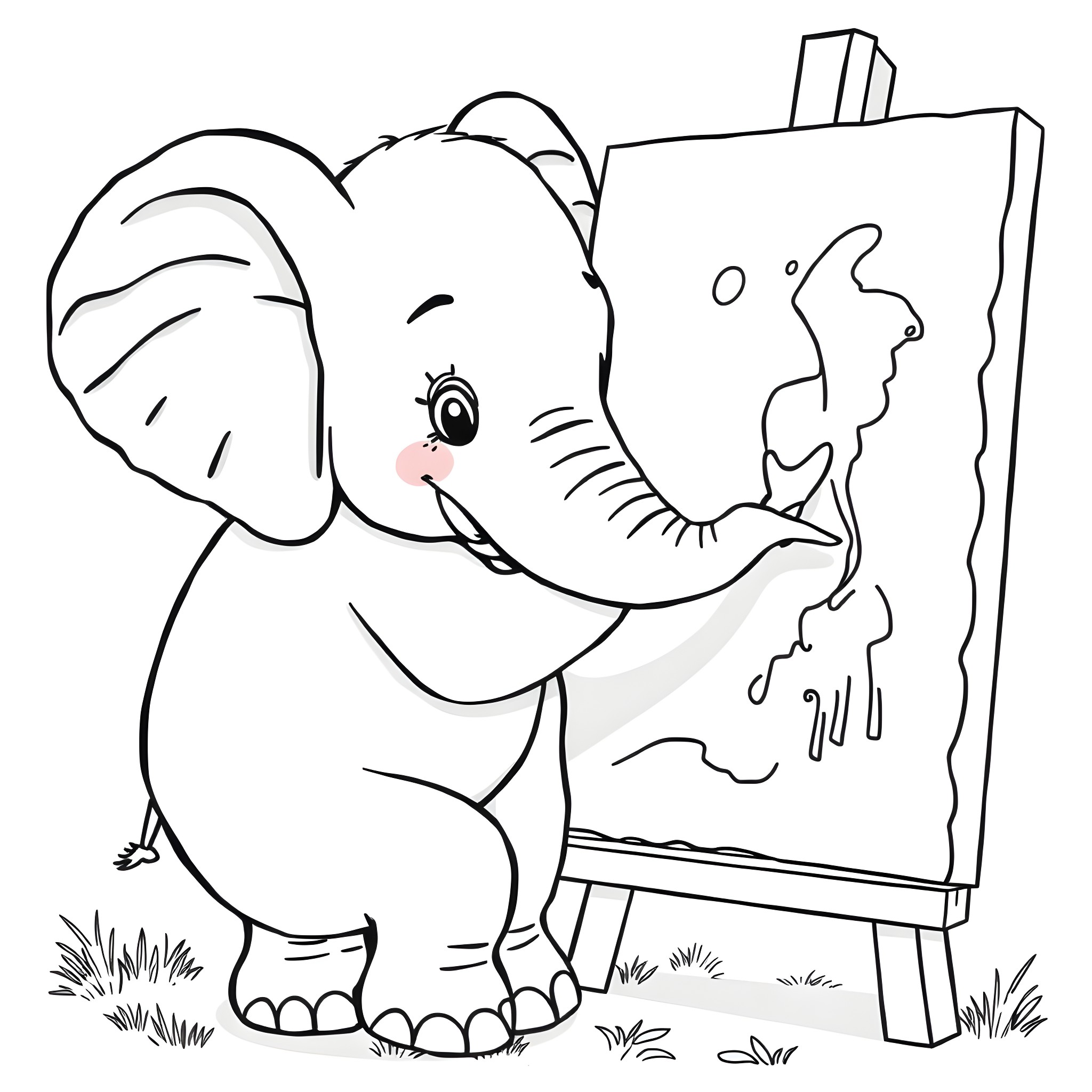 Elephant painting on easel Coloring Page (free black-and-white line drawing printable PDF for all, from beginners to advanced learners, including children, teens, adults, and seniors)