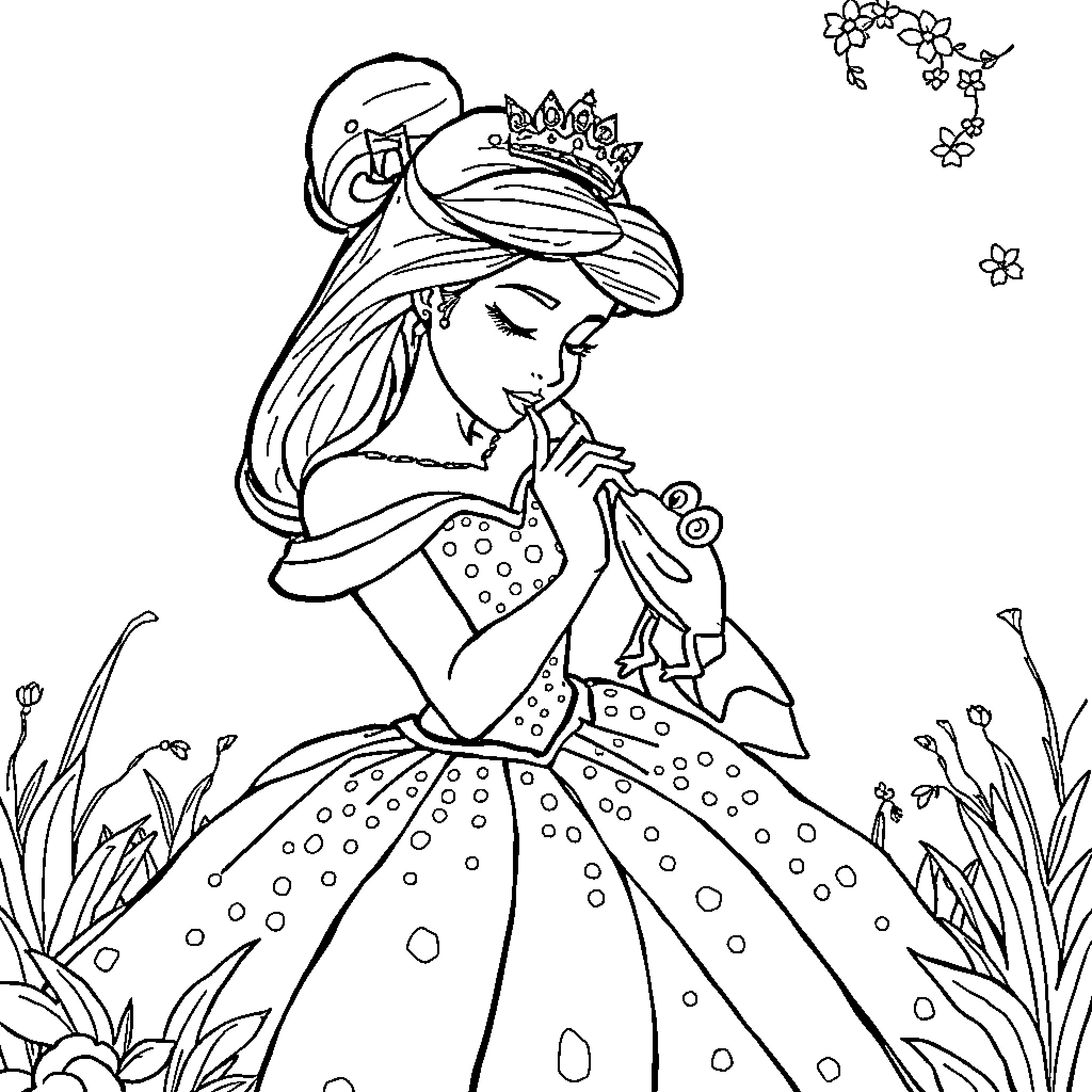 Princess in Elegant Dress Surrounded by Nature Coloring Page (free black-and-white line drawing printable PDF for all, from beginners to advanced learners, including children, teens, adults, and seniors)