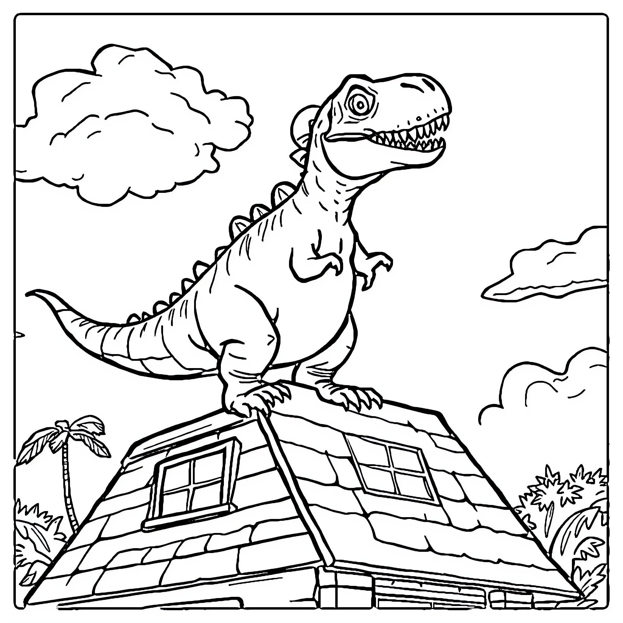 Dinosaur standing on a rooftop Coloring Page (free black-and-white line drawing printable PDF for all, from beginners to advanced learners, including children, teens, adults, and seniors)
