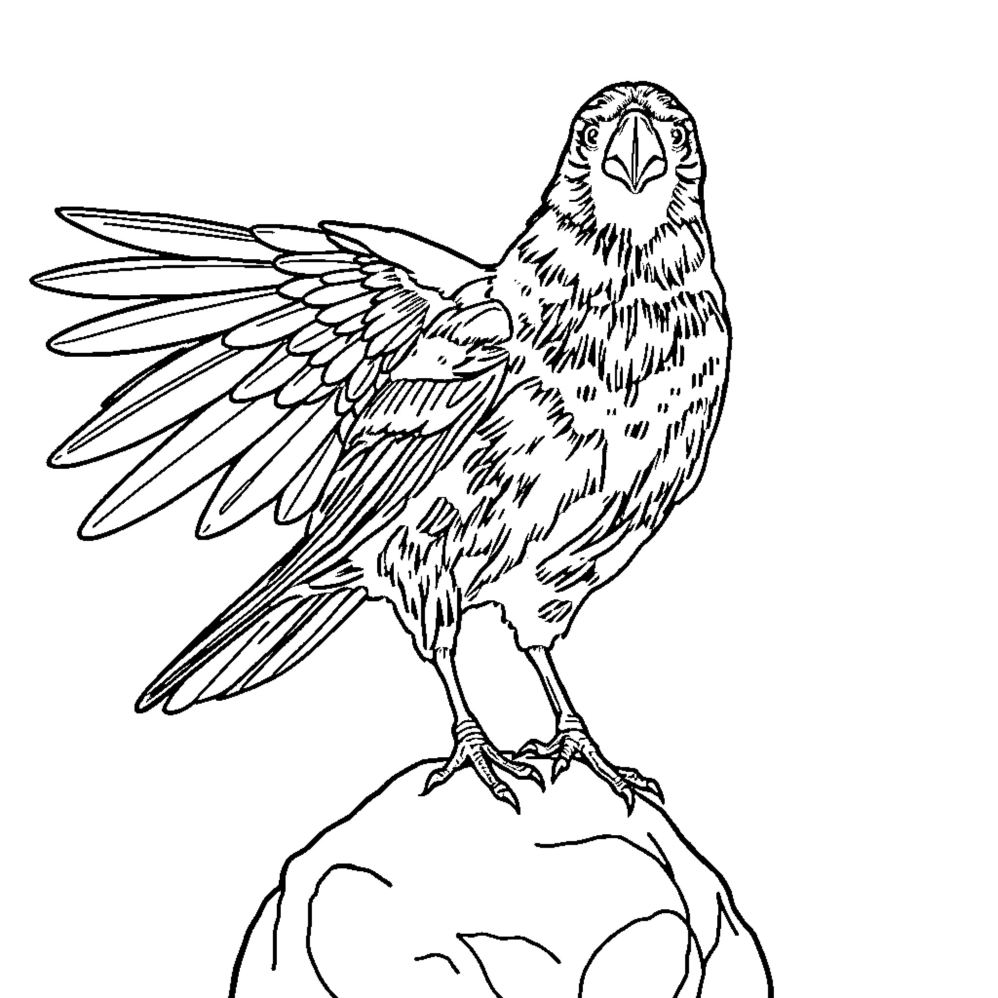 Crow standing proudly on a rock Coloring Page (free black-and-white line drawing printable PDF for all, from beginners to advanced learners, including children, teens, adults, and seniors)