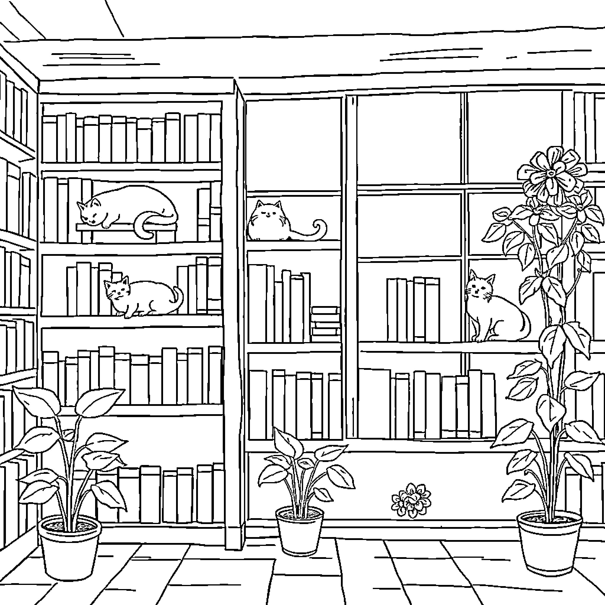 Cat Relaxing in Cozy Library Scene Coloring Page (free black-and-white line drawing printable PDF for all, from beginners to advanced learners, including children, teens, adults, and seniors)