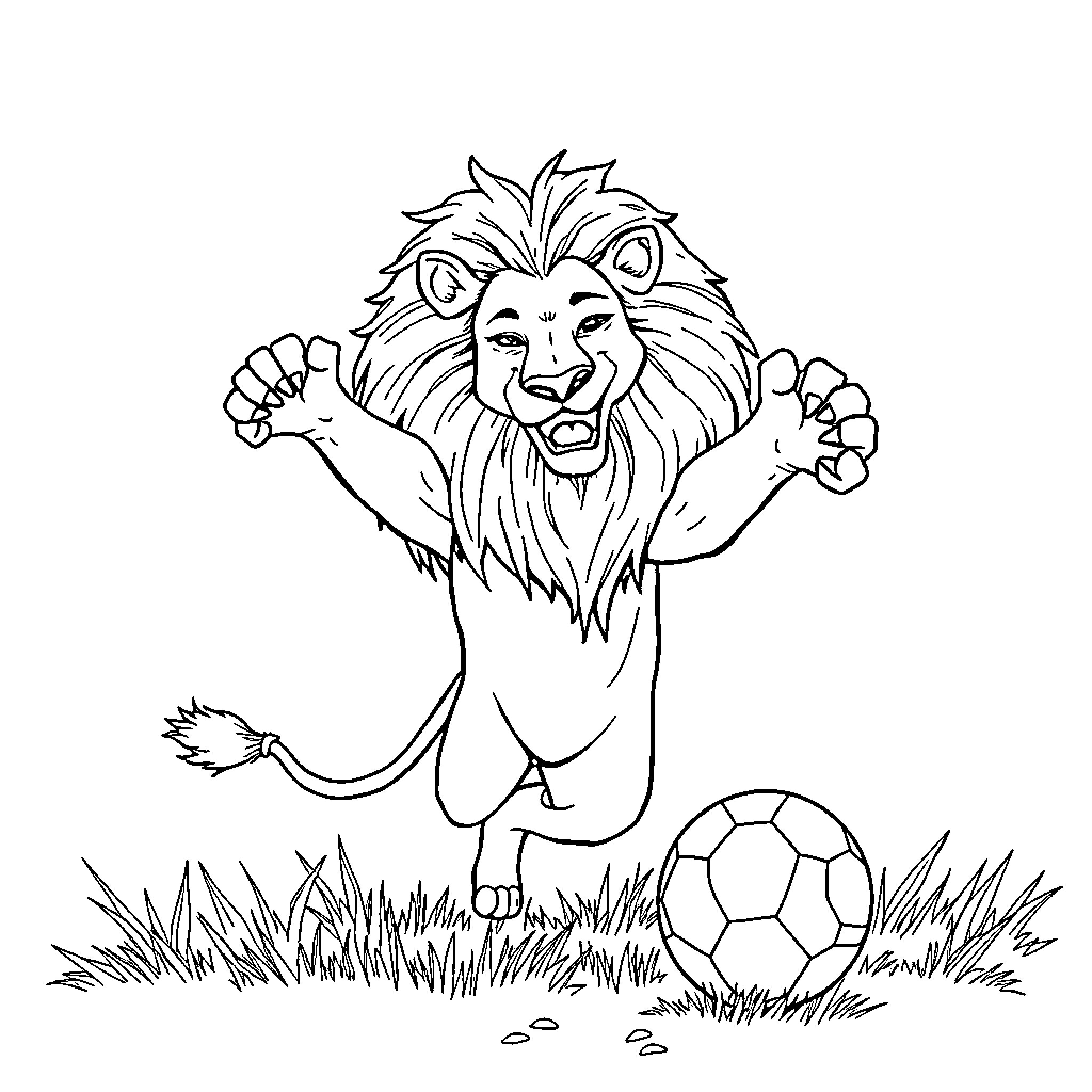 Leon the Joyful Lion Playing with Soccer Ball Coloring Page (free black-and-white line drawing printable PDF for all, from beginners to advanced learners, including children, teens, adults, and seniors)