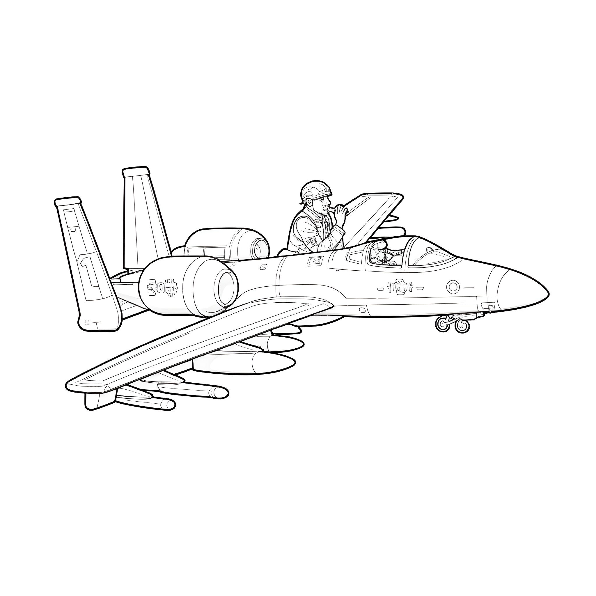 A-10 Warthog fighter jet in flight Coloring Page (free black-and-white line drawing printable PDF for all, from beginners to advanced learners, including children, teens, adults, and seniors)