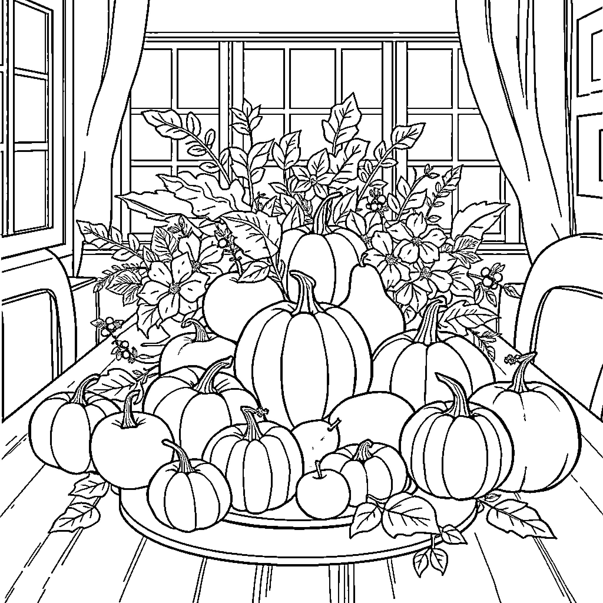 Fruit Harvest Bounty in Home Setting Coloring Page (free black-and-white line drawing printable PDF for all, from beginners to advanced learners, including children, teens, adults, and seniors)