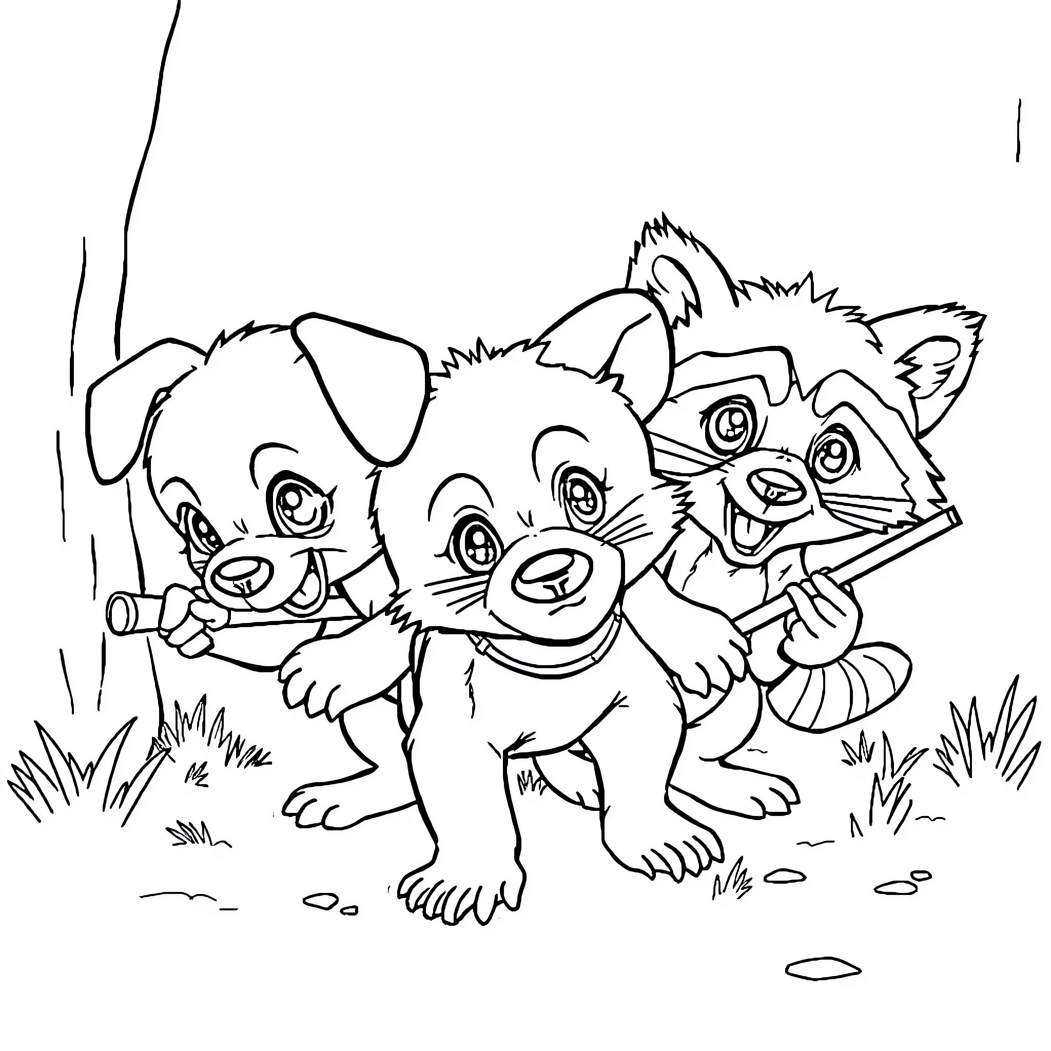Animal friends playing together Coloring Page (free black-and-white line drawing printable PDF for all, from beginners to advanced learners, including children, teens, adults, and seniors)