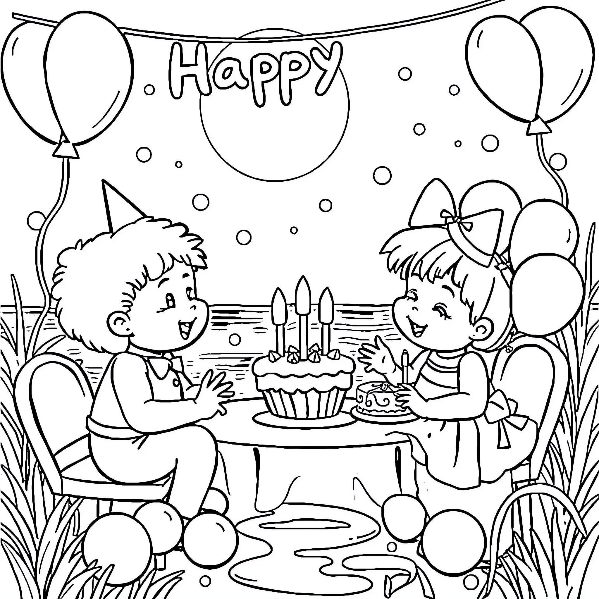 Birthday Celebration with Cake and Balloons Coloring Page (free black-and-white line drawing printable PDF for all, from beginners to advanced learners, including children, teens, adults, and seniors)