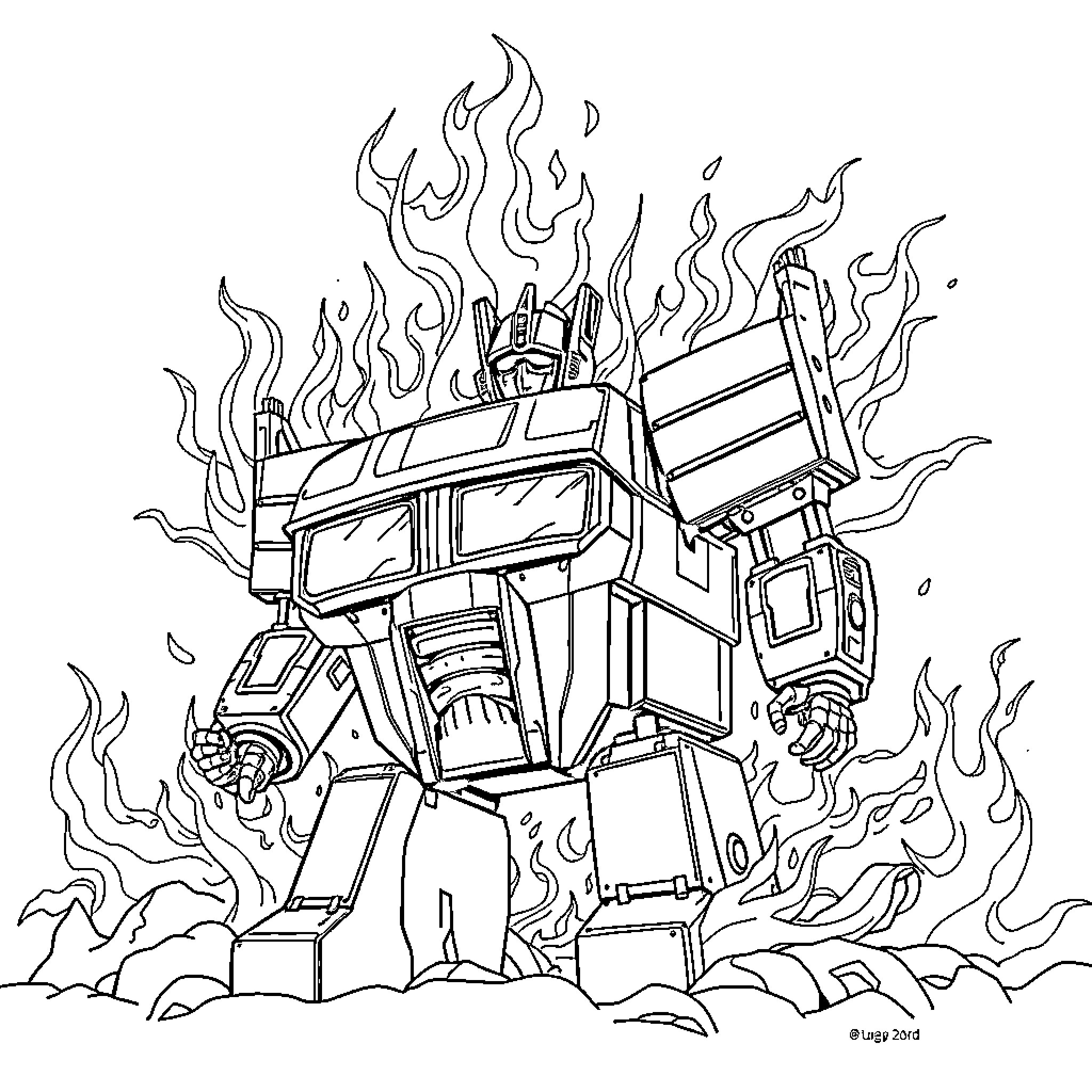 Transformer robot in action with flames Coloring Page (free black-and-white line drawing printable PDF for all, from beginners to advanced learners, including children, teens, adults, and seniors)