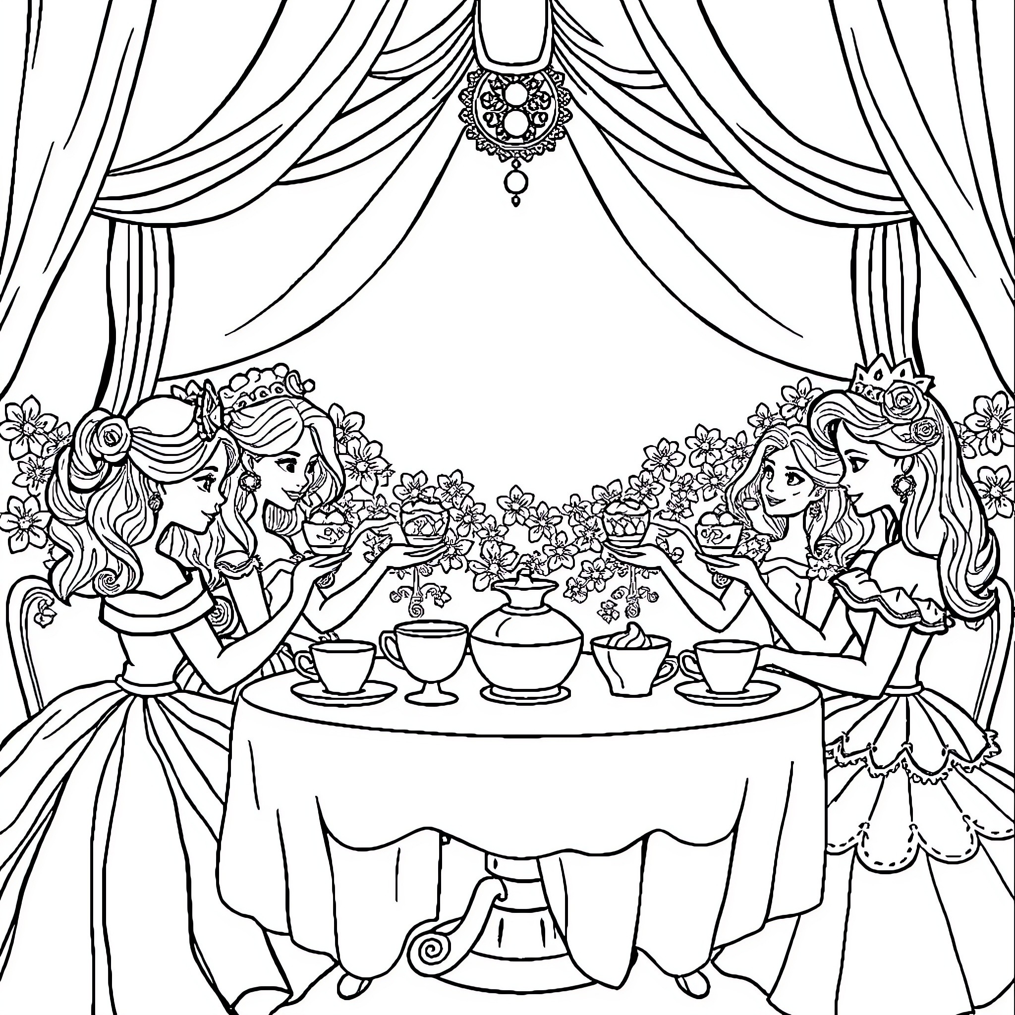 Princess Tea Party in Elegant Ballroom Coloring Page (free black-and-white line drawing printable PDF for all, from beginners to advanced learners, including children, teens, adults, and seniors)