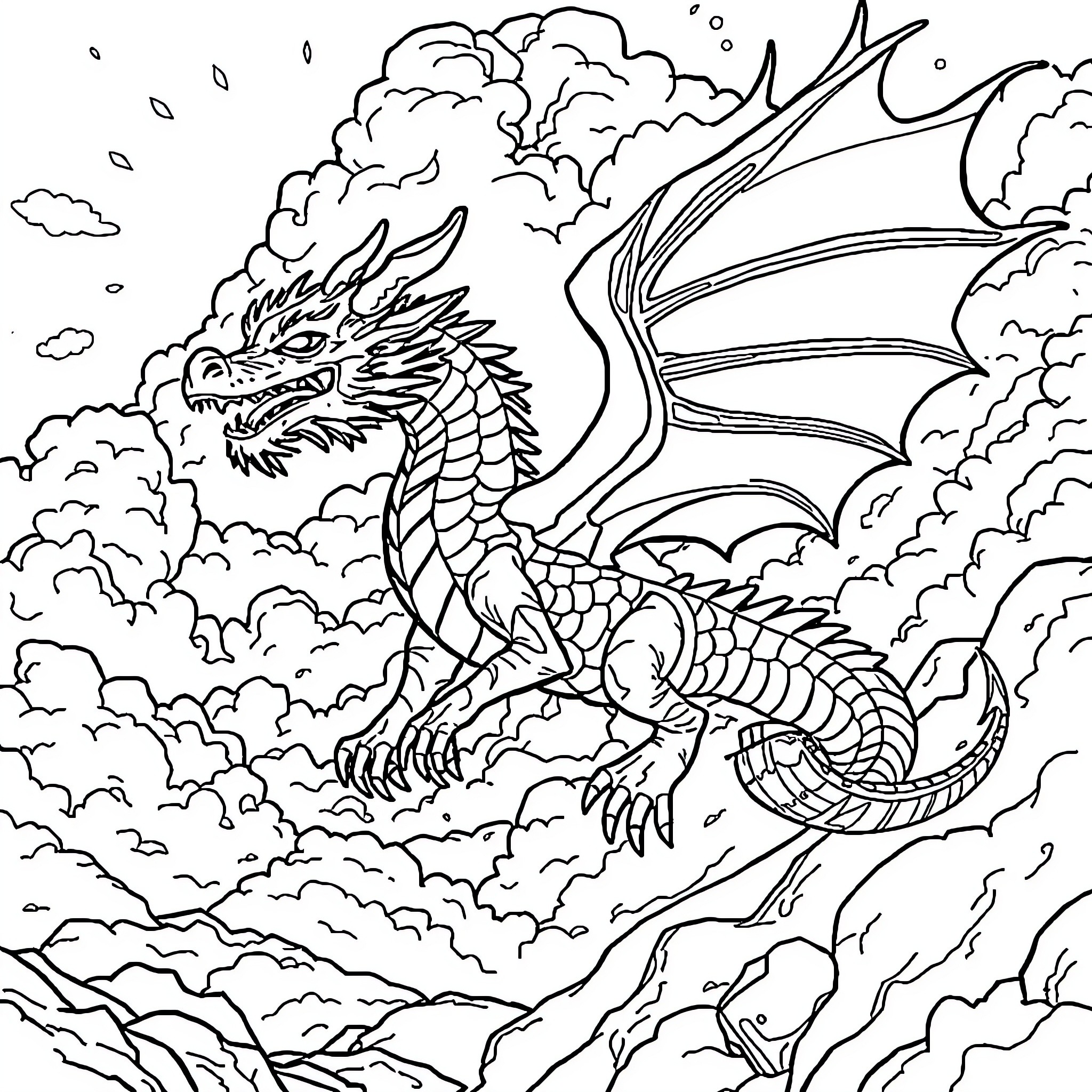 Dragon soaring through a stormy sky Coloring Page (free black-and-white line drawing printable PDF for all, from beginners to advanced learners, including children, teens, adults, and seniors)