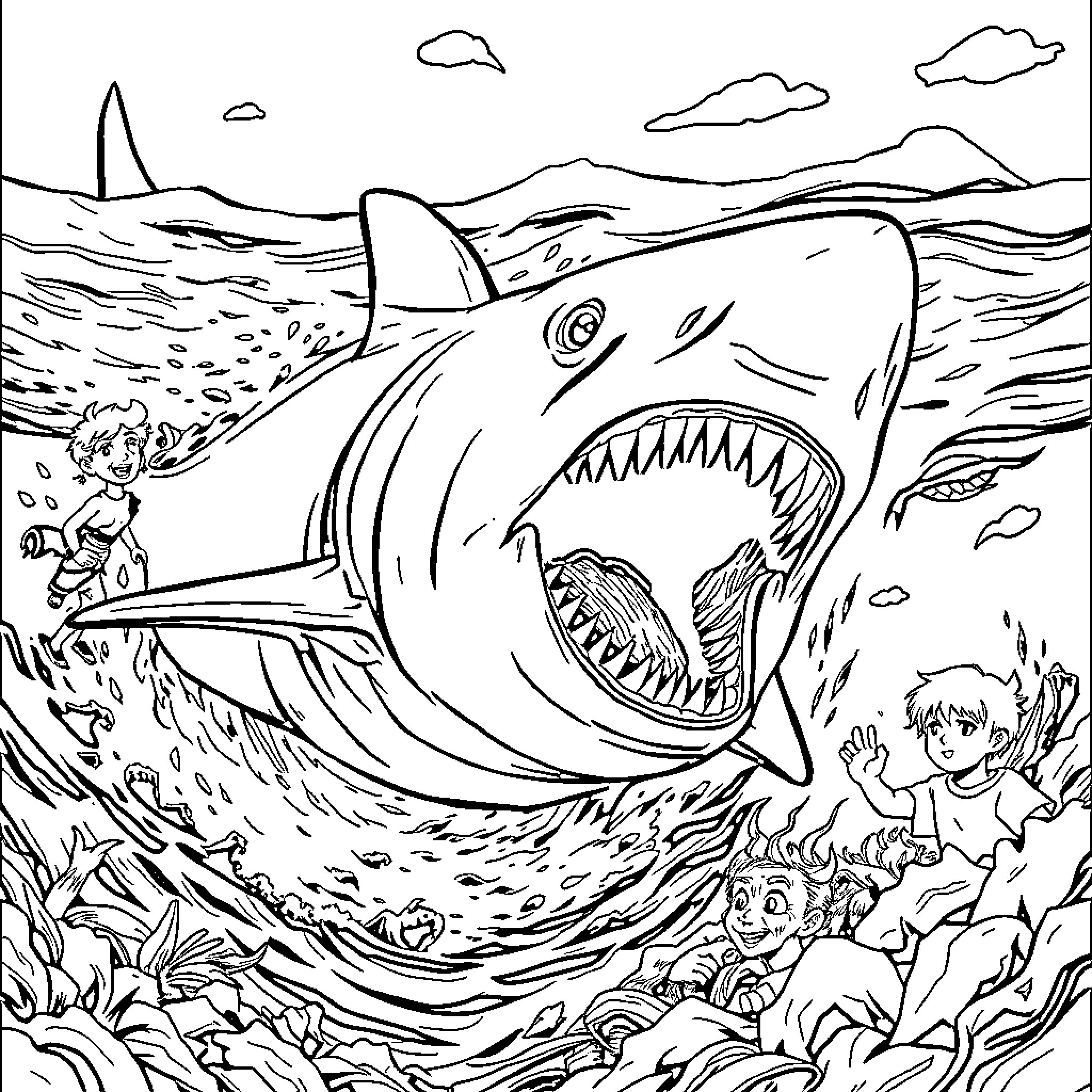 Shark chasing terrified swimmers in the ocean Coloring Page (free black-and-white line drawing printable PDF for all, from beginners to advanced learners, including children, teens, adults, and seniors)