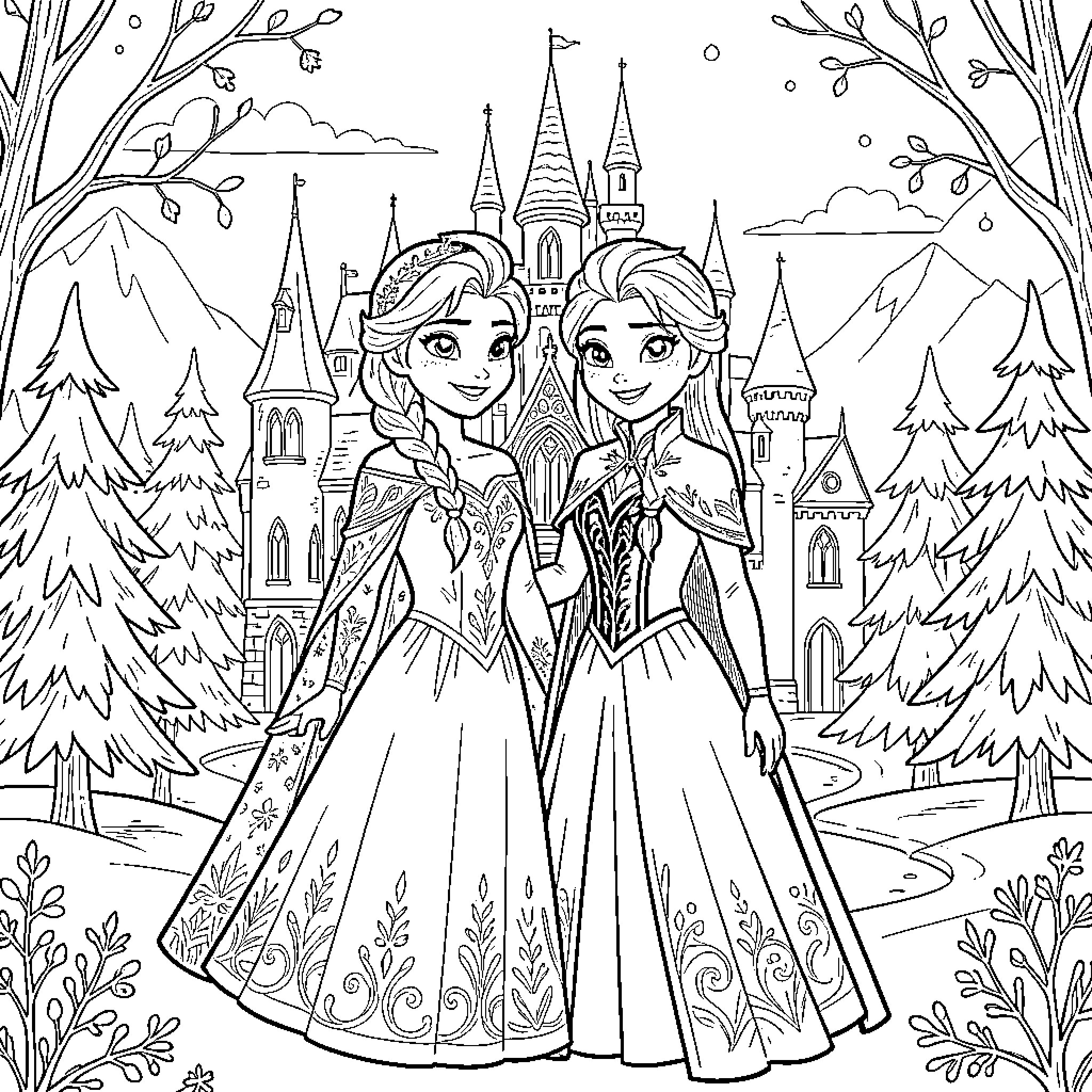Elsa standing gracefully with Anna in front of a castle Coloring Page (free black-and-white line drawing printable PDF for all, from beginners to advanced learners, including children, teens, adults, and seniors)