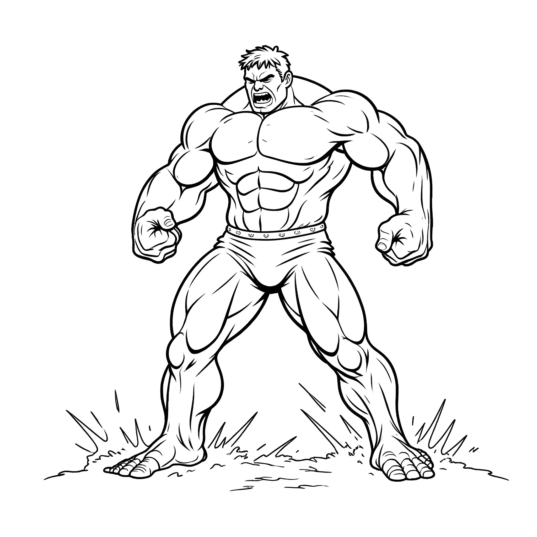 Hulk flexing muscles in action pose Coloring Page (free black-and-white line drawing printable PDF for all, from beginners to advanced learners, including children, teens, adults, and seniors)